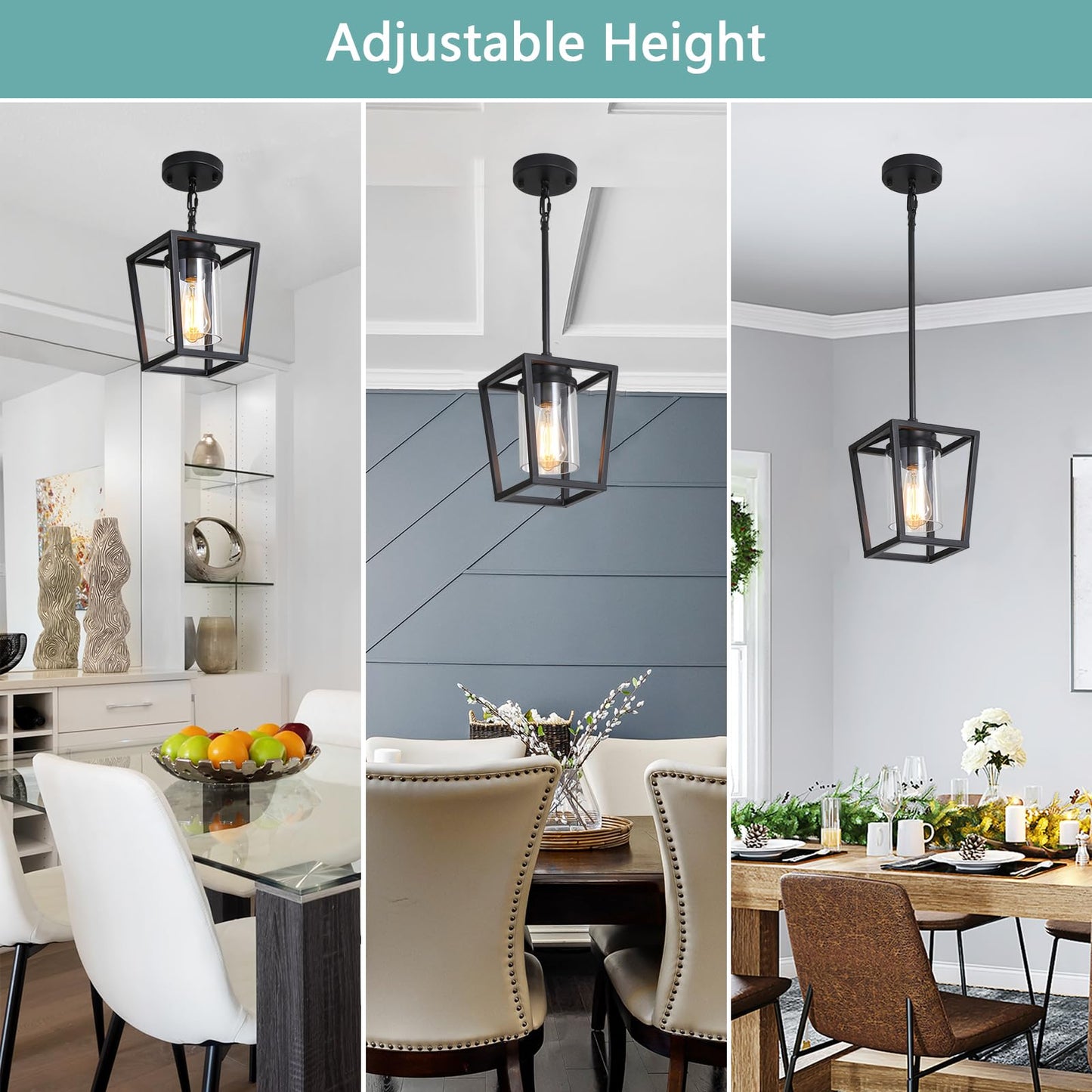 SGLfarmty 1-Light Black Pendant Lights Kitchen Island, Modern Farmhouse Cage Metal Adjustable Lantern Hanging Light Fixture with Glass Shade for Over Sink Dining Room Entryway Hallway