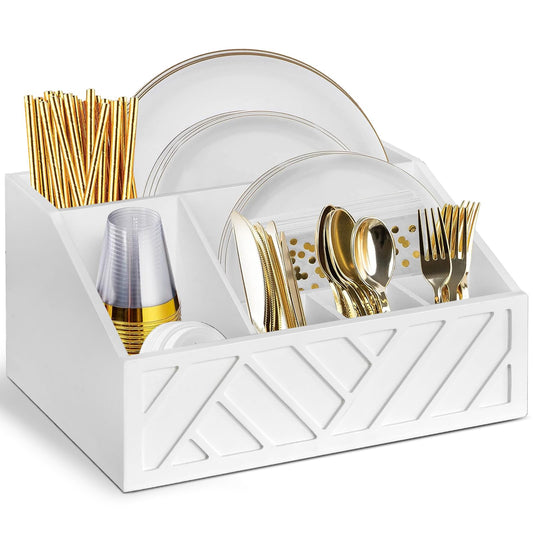 Ukonvi Paper Plate Dispenser, Paper Plate Holder for Kitchen Counter, Wood Rustic Silverware Utensil Caddy, Cutlery Flatware Organizer Box for Cups Spoons Forks Plates Napkins, Kitchen Accessories