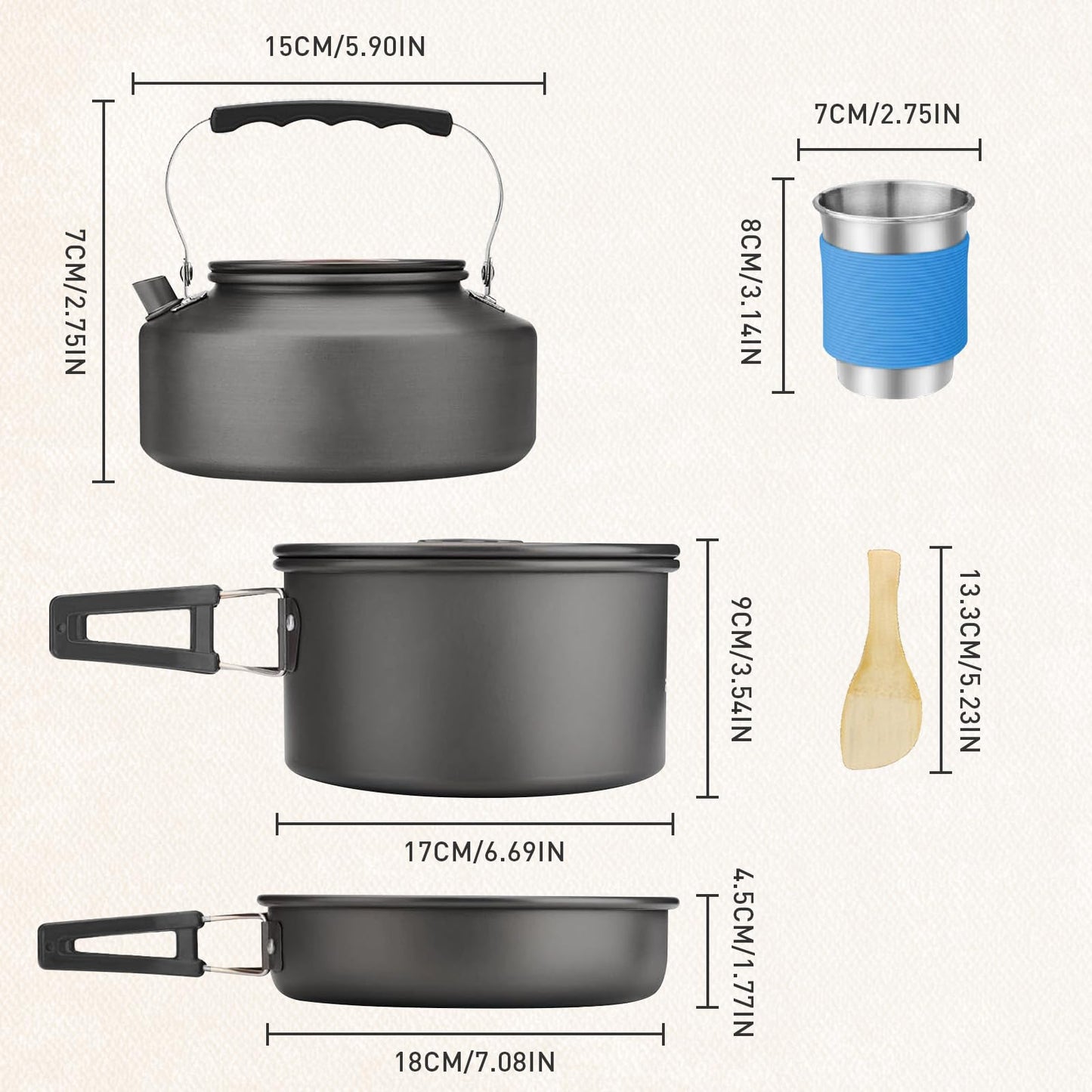 Camping Cookware Camping Cooking Set, Non-Stick Camp Pots Pans with Stove Kettle, 2 Stainless Steel Plates, 2 Water Cups, 2 Sets of Knives & Forks, Spatula, Dish Towel, Carry Bag, for Outdoor Cookset