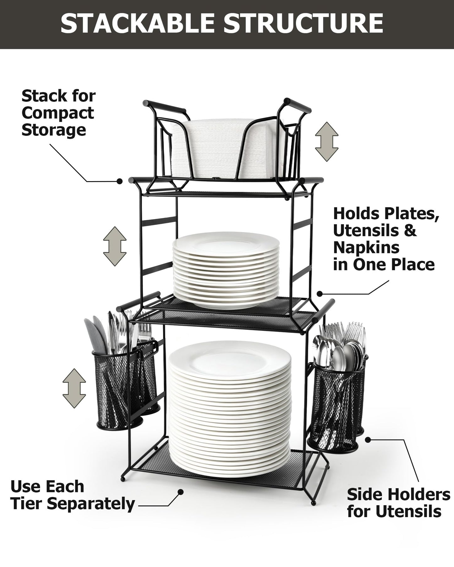 HULISEN 3-Tier Buffet Caddy, 7-Piece Set Stackable Paper Plate and Utensil Holder for Party, Detachable Mesh Silverware Organizer for Countertop, Metal Serving Station for Hosting Party Essentials