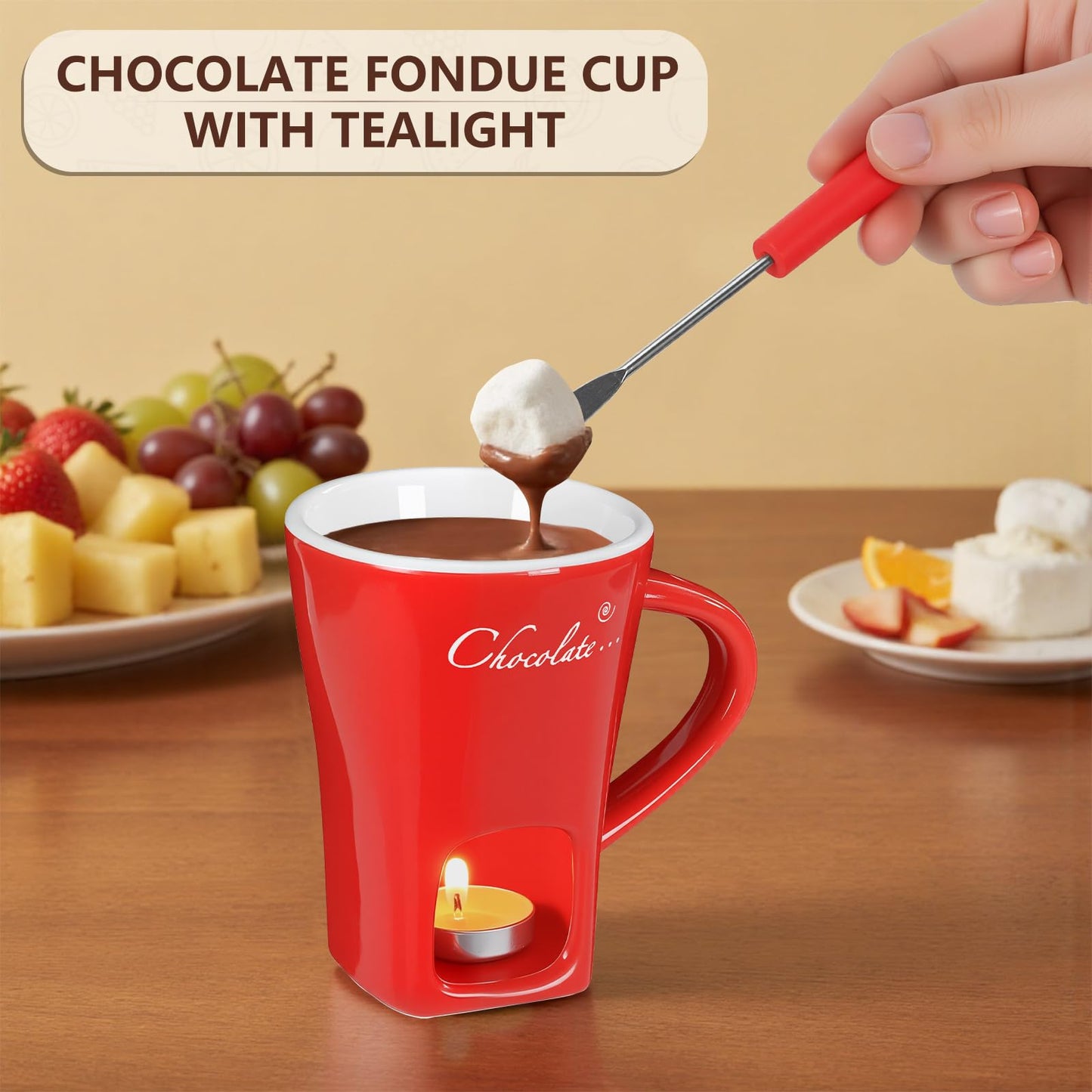 Fondue Pot Cup Set, Chocolate Melting Fondue Mugs 2 Pack with 4 Forks & 8 Tealights, Mini Red Ceramic Fondue Set for Cheese, Marshmallows, Sweet Fondue Cup for Date Night Party Wedding or Holiday Gift