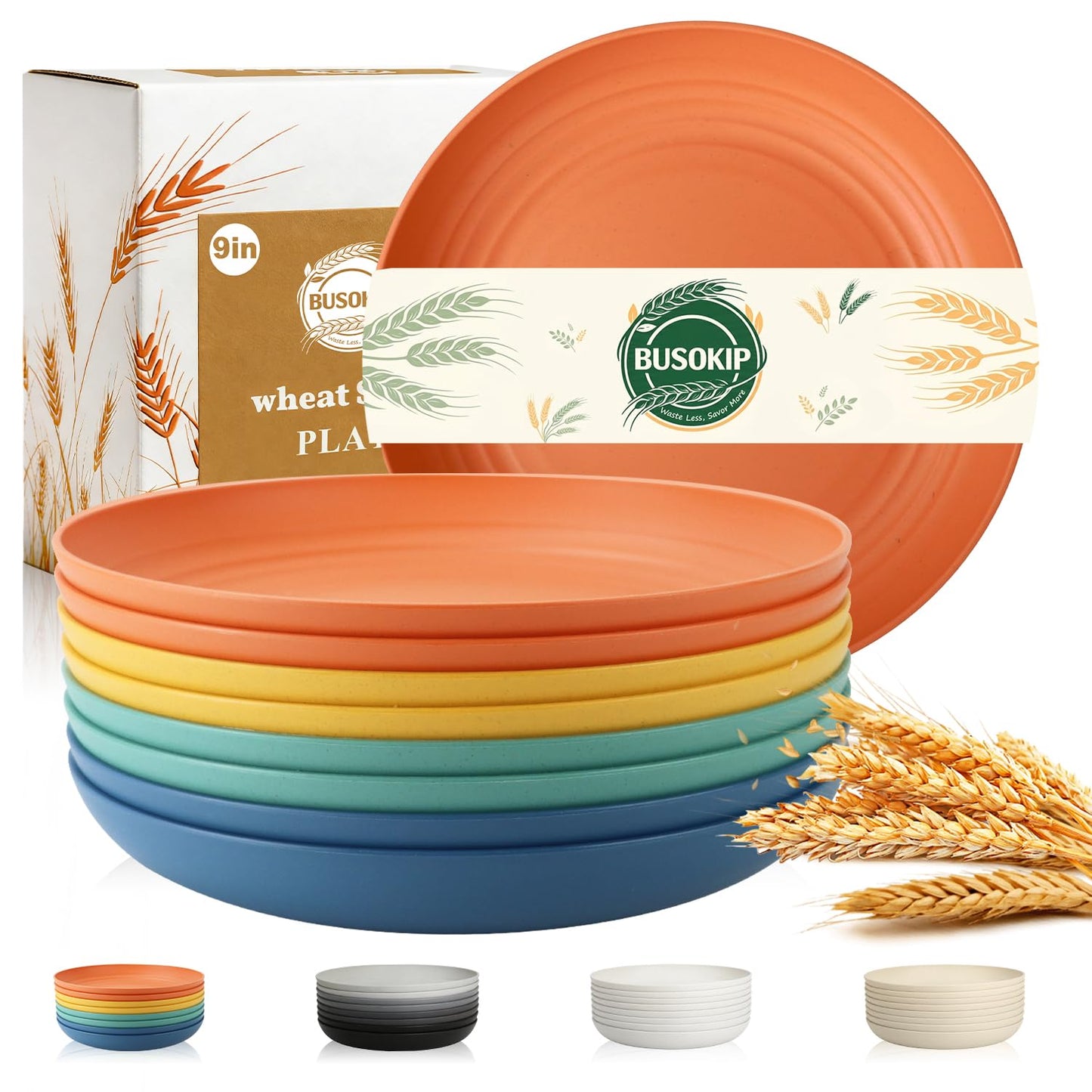 BUSOKIP Wheat Straw Plates Set for 8, Unbreakable & Lightweight Dinner Plates 9 Inch, Plastic Plates Reusable, Microwave and Dishwasher Safe Kitchen Plate for Outdoor, Camping, Picnic- Multi