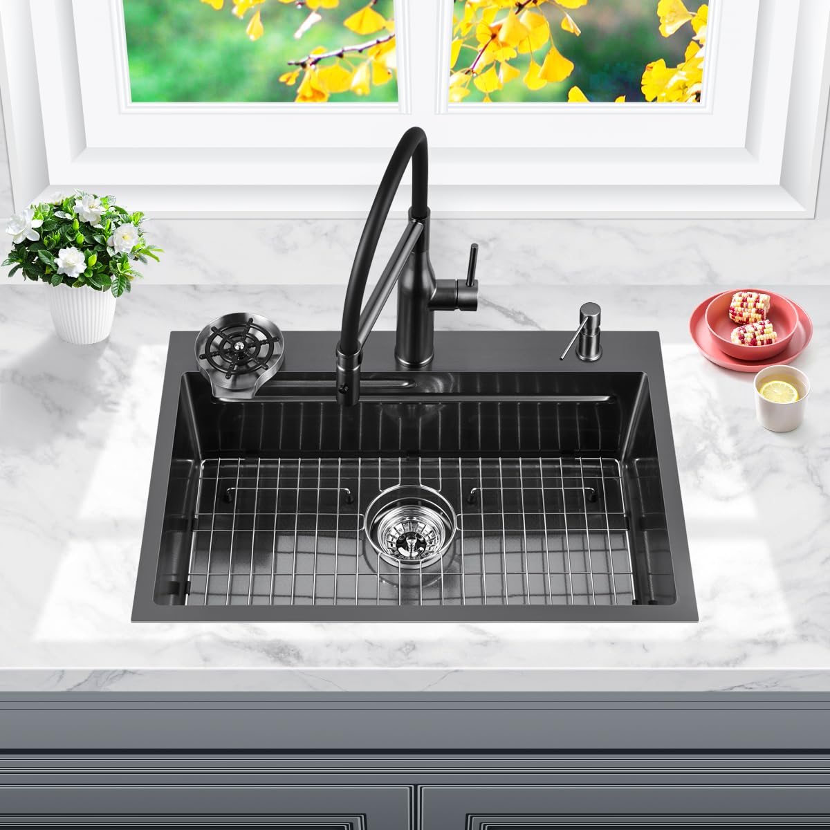 FRANIC 26" Handmade Black Bar Workstation Sink, 26" x 18" x 8" Stainless Steel Matte Nano Black Topmount Single Bowl Small Kitchen Outdoor Sink