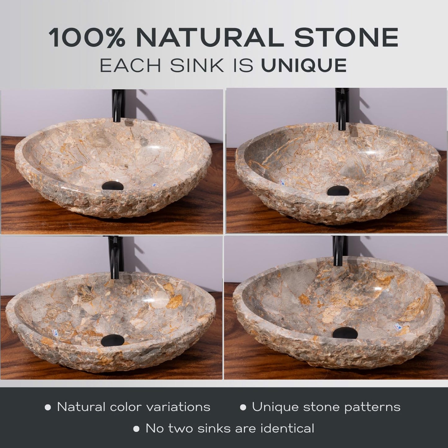 Organic Freeform Hand-Carved Marble Vessel Sink – Stone Vessel Sink with Chiseled Exterior & Natural Gold Veining – One-of-a-Kind Rustic Luxury Bathroom Sink