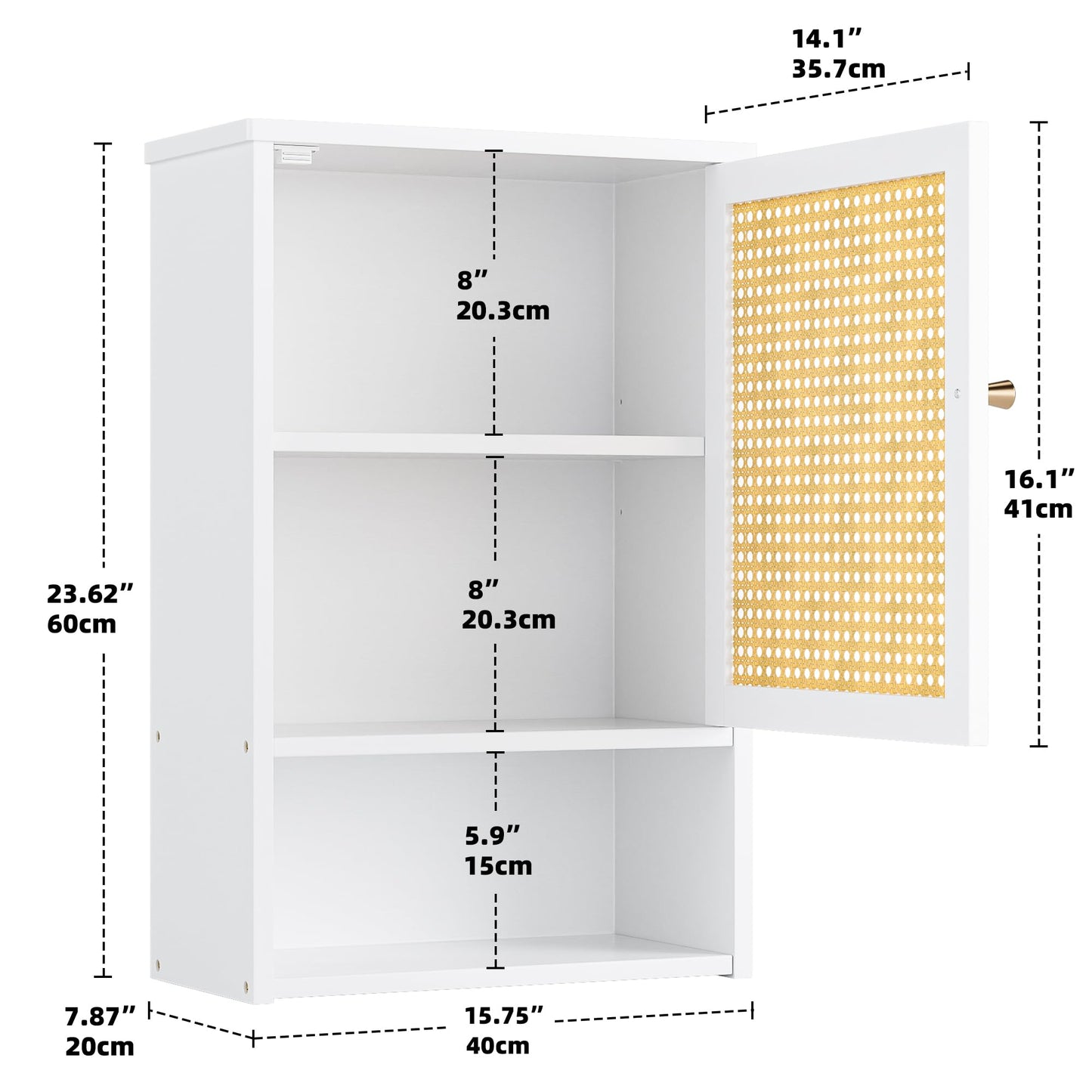 vovala Bathroom Wall Cabinet, Bamboo Over-The-Toilet Storage Organizer with Rattan Doors and Adjustable Shelf, Space Saver Medicine Cabinet for Laundry, Kitchen, Living Room (White)