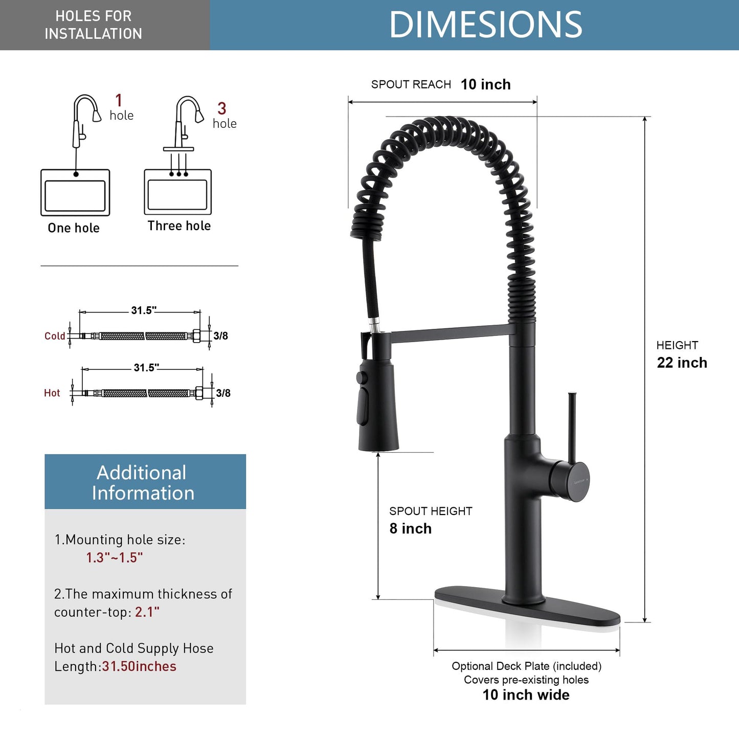 Lavatrum Brass Matte Black Kitchen Faucets, Brass 22 inch Commercial High Arc Single Handle Kitchen Faucets for Pull Down Sprayer Modern Spring with Deck Plate