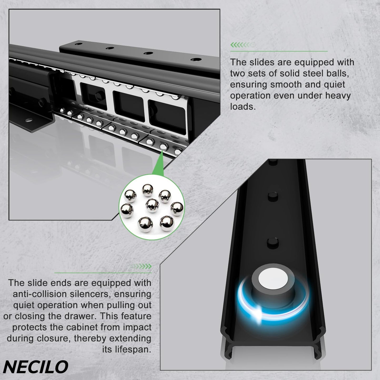 NECILO 36 Inch Undermount Heavy Duty Drawer Slides, 260 lbs Load Capacity, Full Extension Ball Bearing, Concealed Drawer Slides Suitable for Under-Stair and Base Cabinet, Bottom Mount, 1 Pair