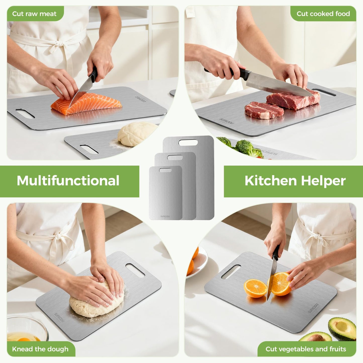 Titanium Cutting Board Set of 3, Titanium Cutting Boards for Kitchen, 100% Double-Sided Titanium Cutting Boards, Separate Raw and Cooked Food Areas, Non-Toxic, Dishwasher Safe (S+ M + L)