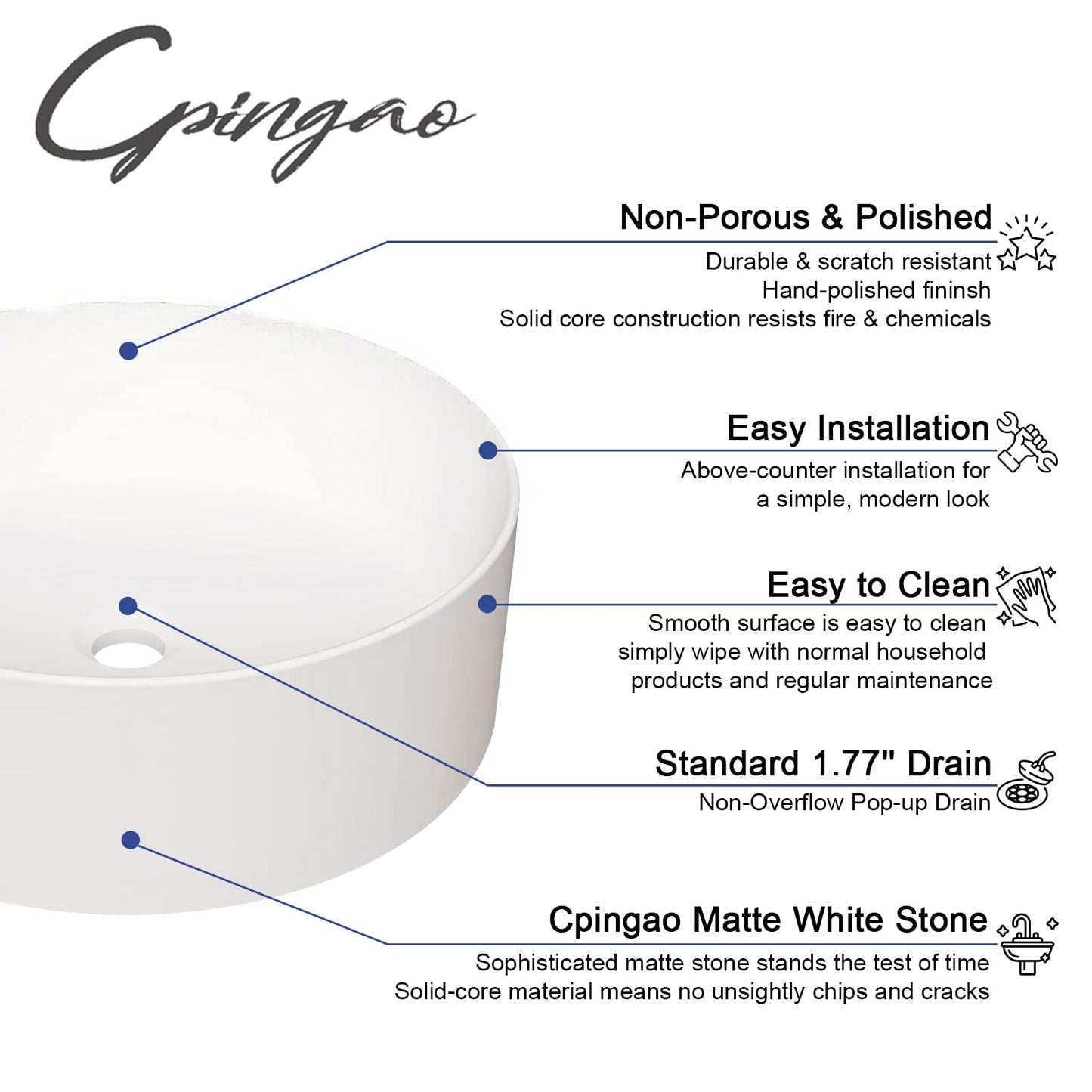 Cpingao 17.7 Inch Round Bathroom Vessel Sink, Above Counter Circle Matte Stone Countertop Modern Sink Art Basin for Lavatory Vanity Cabinet