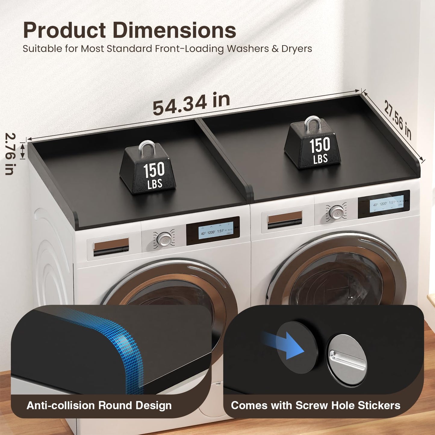 Washer Dryer Countertop Set of 2, 54.34" L x 27.56" W x 2.76" H Wood Washer and Dryer Countertop, Laundry Topper with Anti-Slip Pads & Edge Rails for Laundry Room Organization (Black)