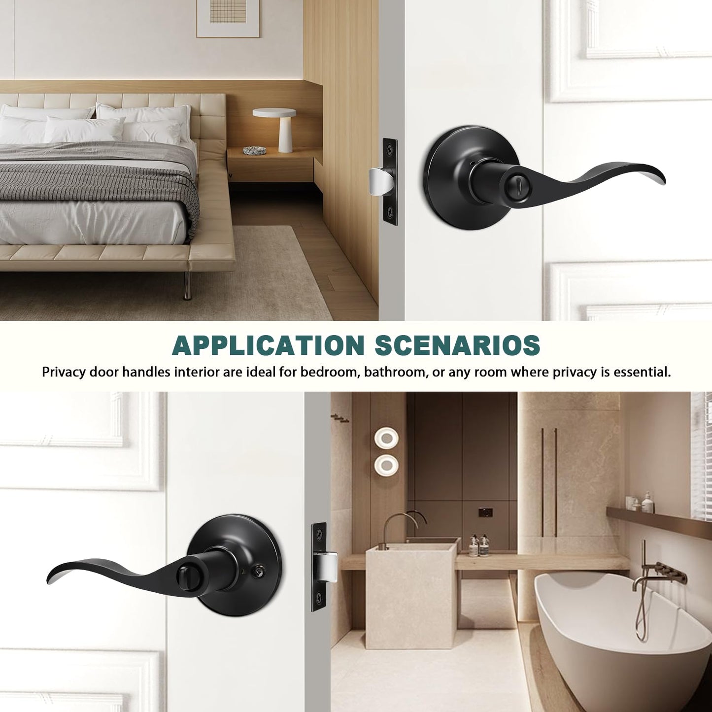 GOBEKOR 3 Pack Matte Black Privacy Door Handles for Bedroom and Bath Lever Door Handle Interior with Lock Wave Door Levers Keyless