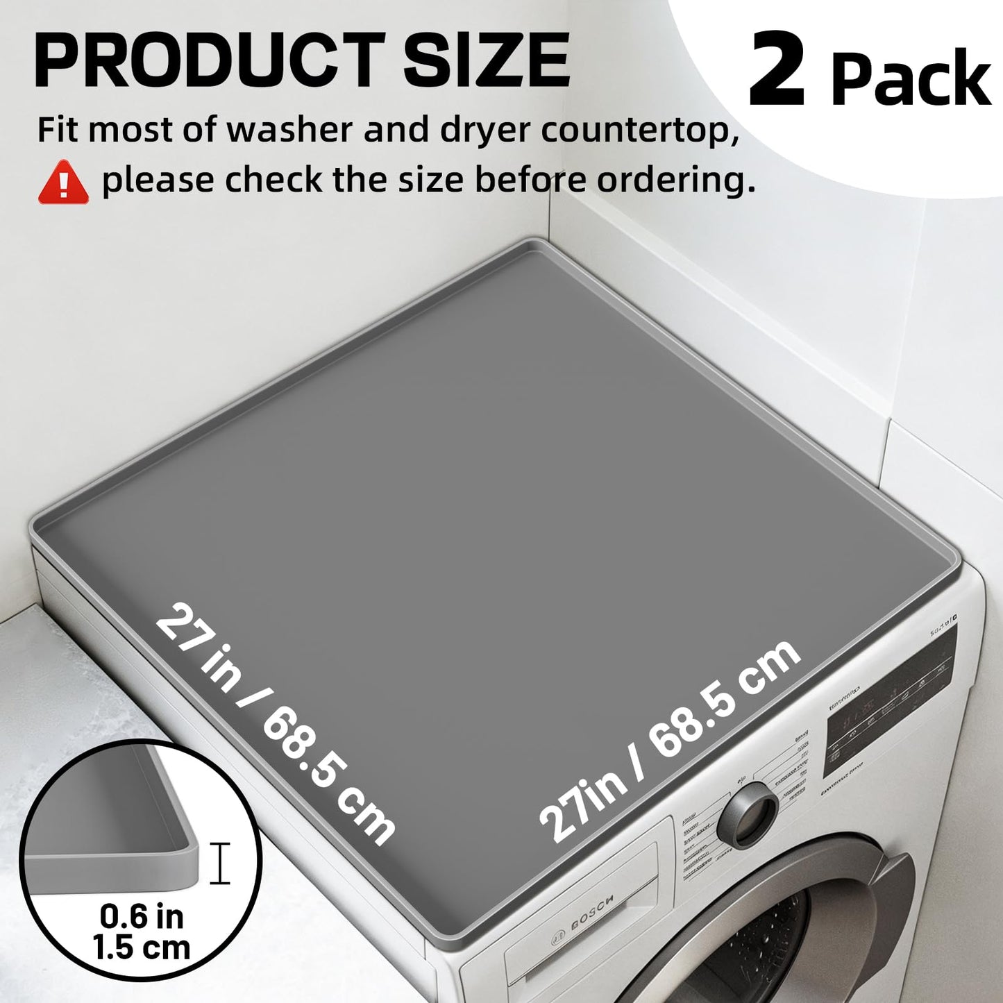NAMTSO 2 Pack Washer and Dryer Covers Rubber Mat - 27x27 Inch Soft Silicone Tray, Front Load Washer Dryer Topper for Laundry Room, Waterproof Cat Litter Mat, Non-Slip Shoe Mat for Home, Gray