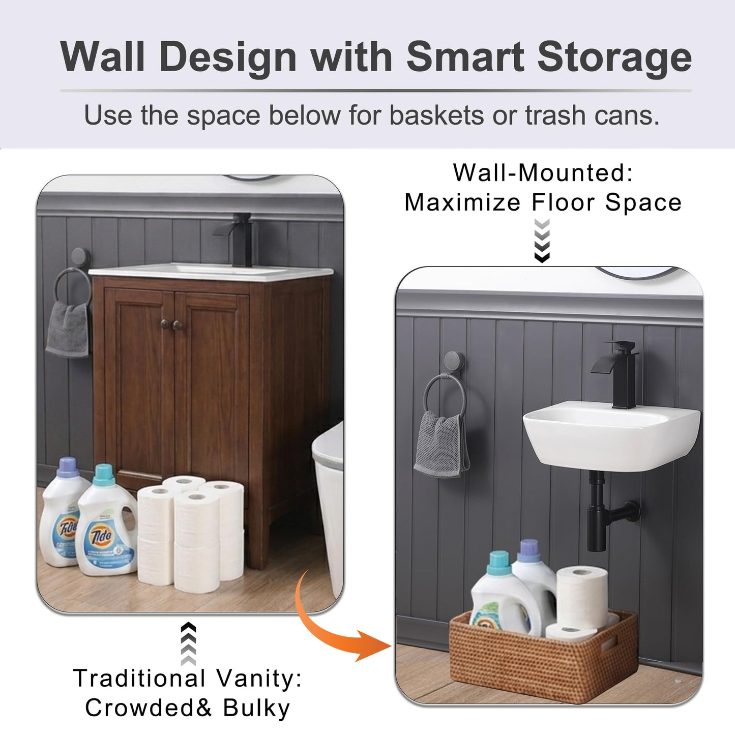 DEHOMEN 16.5" Wall Mount Bathroom Sink Rectangular Wall Hung Floating Vessel Sink Porcelain Lavatory Hand Basin for Small Bathroom,Grage White