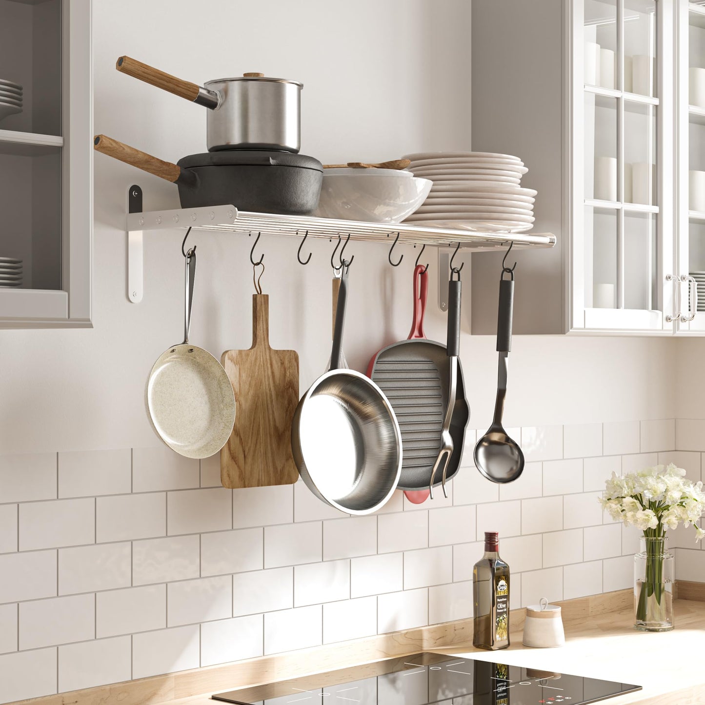 Wallniture Lyon Kitchen Organization and Storage Rack, Stainless Steel Metal Wall Shelf with 10 S Hooks for Hanging Pots and Pans, Chrome