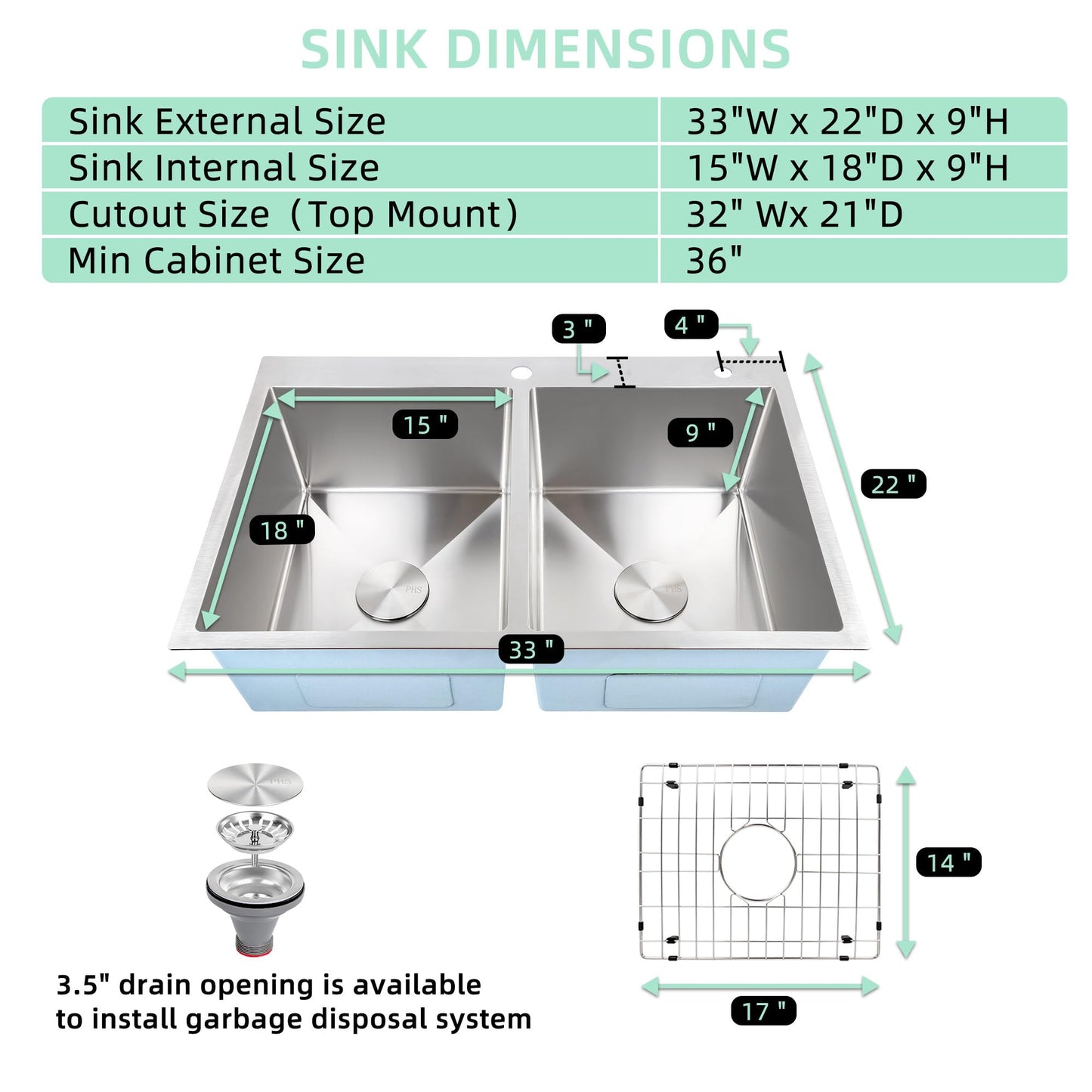 PHS 33 Inch Drop In Double Bowl Kitchen Sink 50/50-16 Gauge Stainless Steel Overmount Kitchen Sink 33x22 with Accessories, 9 Inch Deep Sinks with Brushed Finish