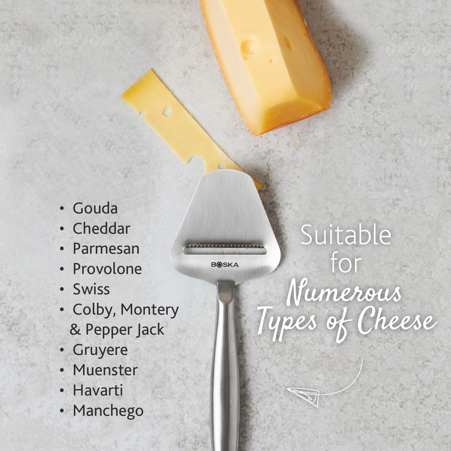 Boska Stainless Steel Cheese Slicer - Copenhagen For All Types of Cheese - Multi-Functional Cheese Slicer - Handheld Slicer - Silver Non-Stick - Dishwasher Safe - For Kitchen Cooking