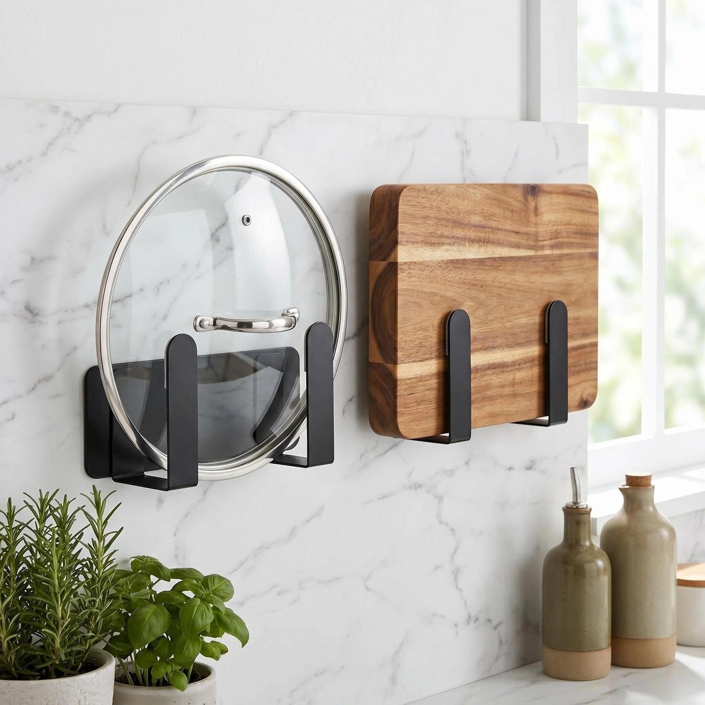 Pot Lid Rack, Wall Mounted 304 Stainless Steel Multi-Functional Storage Holder, Fits Cutting Boards, Pot Lids, Bathroom Scales, Self-Adhesive & Screw Mounting, Kitchen & Bathroom Organizer (Black)