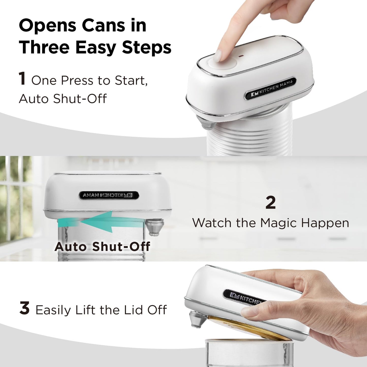 Kitchen Mama Orbit One Rechargeable Electric Can Opener: Hands-free, USB-C Charging, Automatic Stop, Smooth Edge, Safety, Blade for Large Cans, Heavy Duty, Soda and Pop Can, with Storage Box (White)