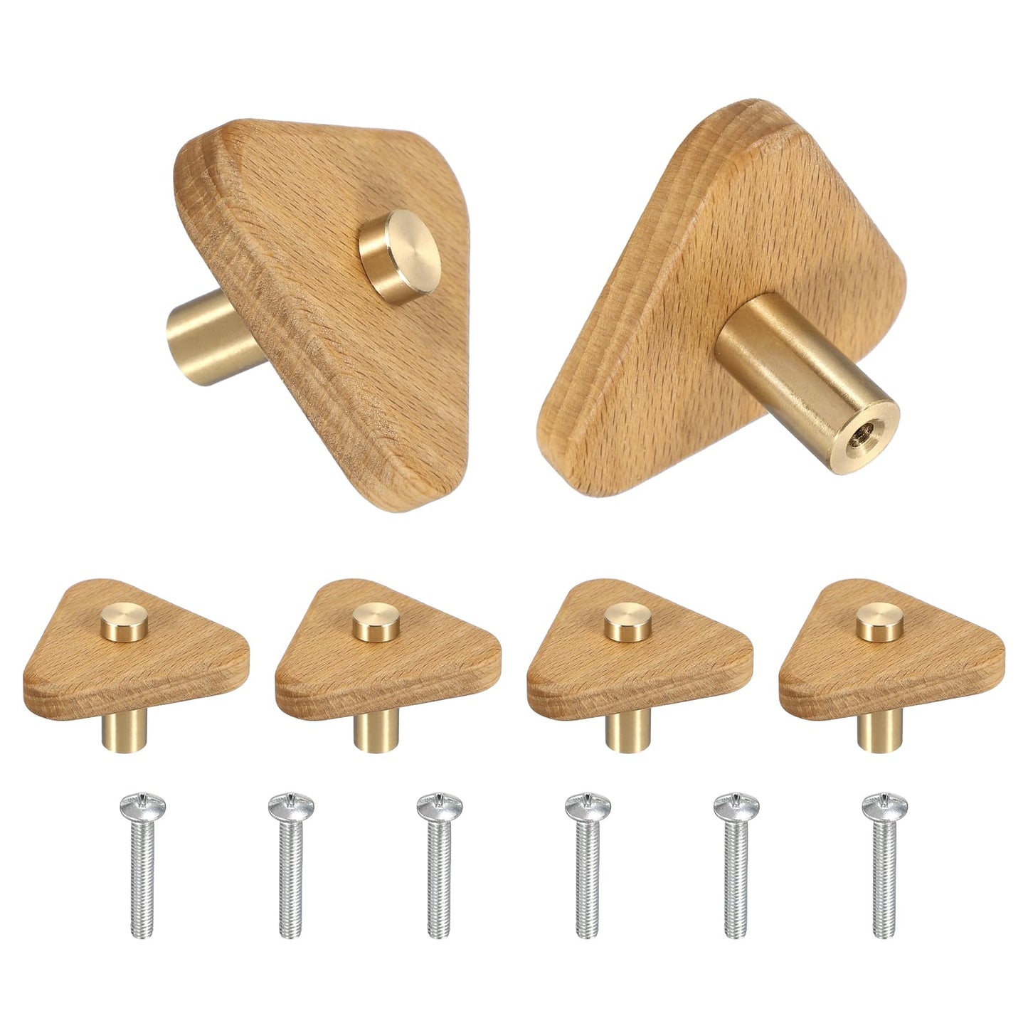 uxcell 6 Pcs Wood Cabinet Knobs, 2.2 Inch Triangular Single Hole Wooden Drawer Knobs Mushroom Shape Handle Pulls with Screws for Furniture Closet Dresser, Copper Wood Color