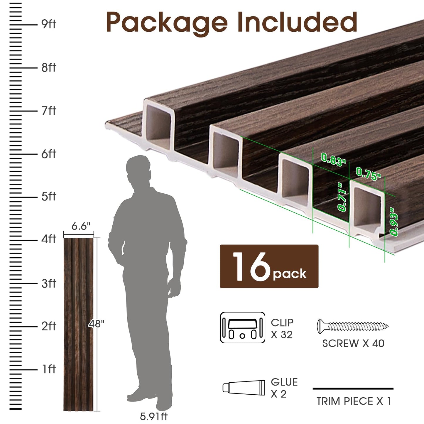 LARWORKS WPC Slat Wall Panels 16 Pack 48" x 6.6", Waterproof Fluted Wall Paneling, Accent 3D Wall Panel for Wall Decor, Bathroom, Bedroom, Office - High Grille Walnut (Cover Approx.35 sq.ft)