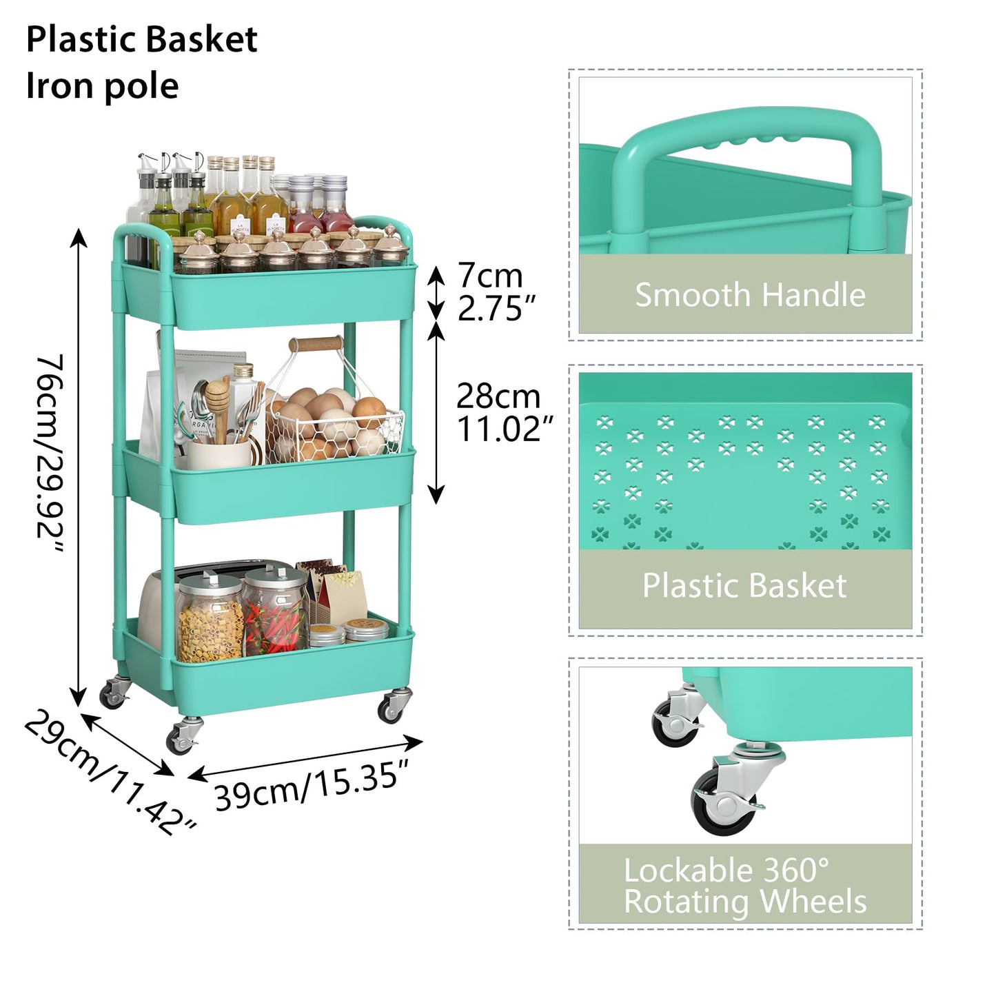 Sywhitta 3-Tier Plastic Rolling Utility Cart with Handle, Multi-Functional Storage Trolley for Office, Living Room, Kitchen, Movable Storage Organizer with Wheels, Green