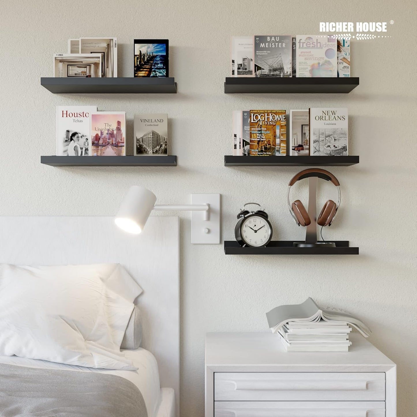 RICHER HOUSE 5 Set Floating Wall Mounted Shelves, Black Shelves for Wall Decor, Modern Picture Ledge Shelf with Lip for Storage, Nursery, Bedroom, Living Room, Bathroom - Black