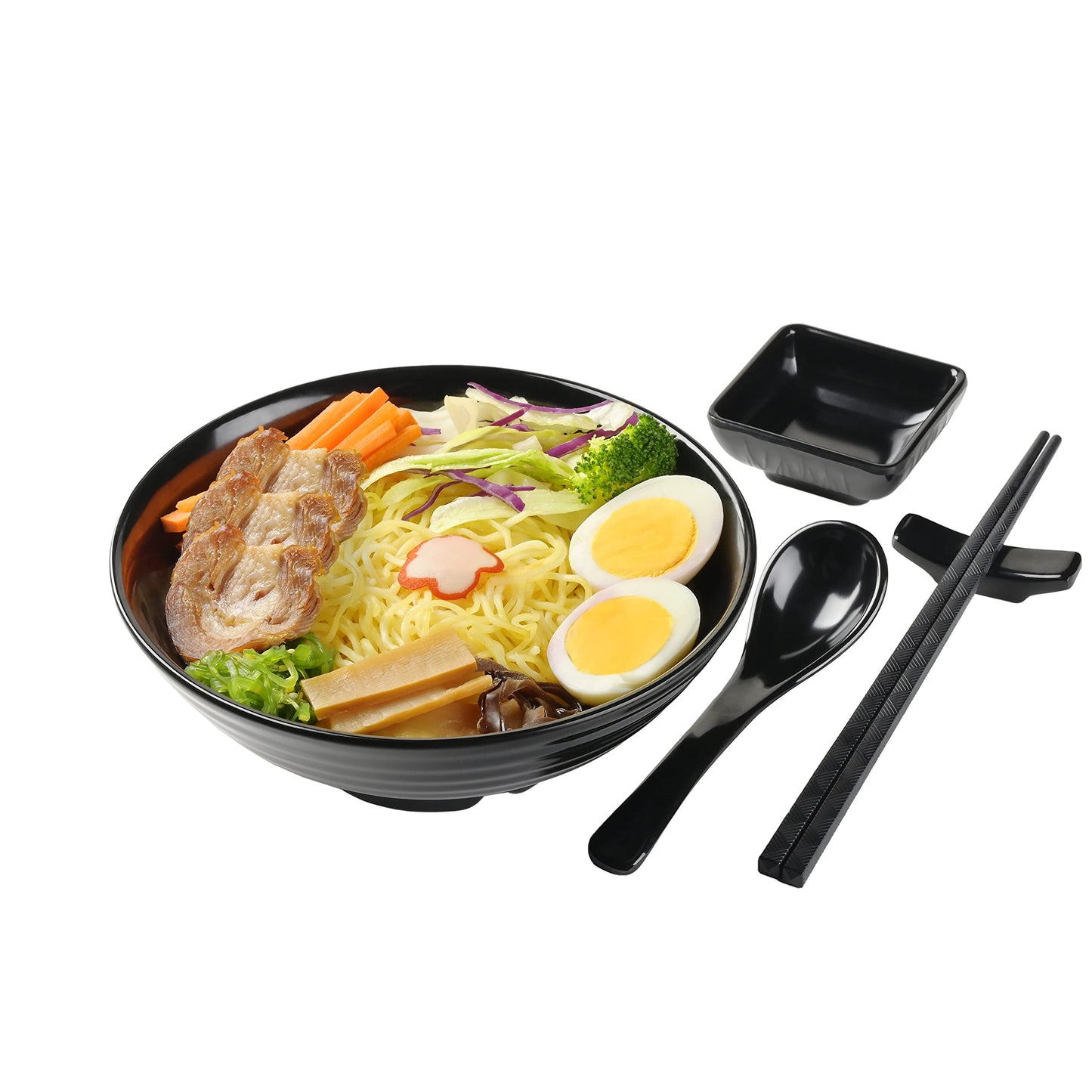 Unbreakable Ramen Bowl Set with Chopsticks and Spoon: 2 large Japanese Style Melamine Ramen Bowls, Dipping Bowls and Chopstick Stands for Asian Pho Soup Thai Miso Udon Wonton (2 Bowl Set, Black)