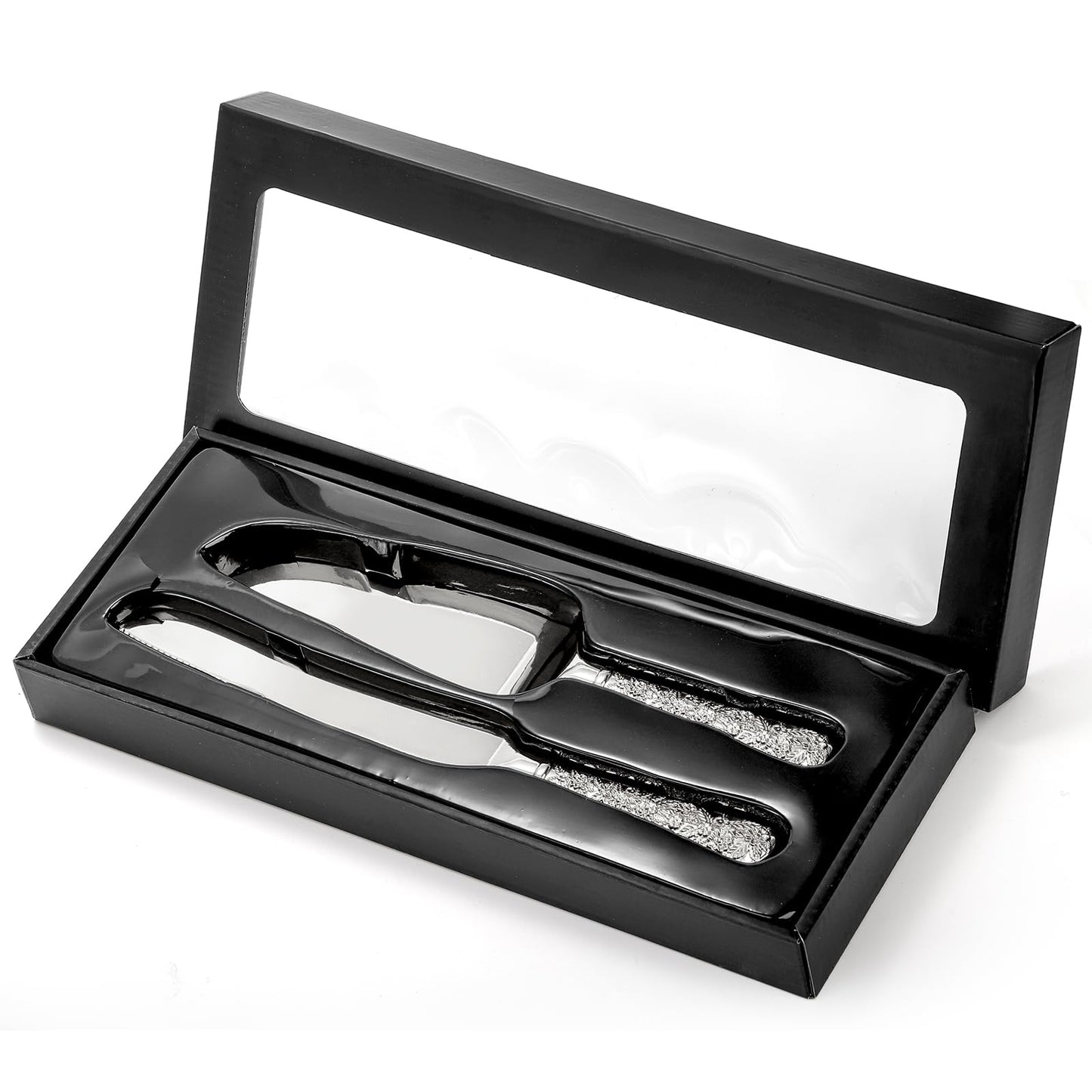 Dicunoy 2 PCS Wedding Cake Knife and Server Set, Silver Cake Cutting Set, Vintage Engraved Cake Cutter and Elegant Serving Spatula for Birthday, Party, Anniversary