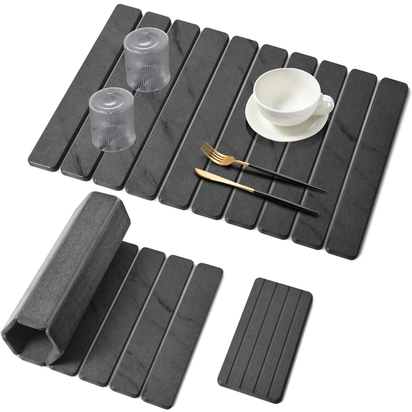 Large Stone Dish Drying Mat for Kitchen Counter, Quick Dry Dish Drying Mats, Foldable Absorbent Diatomaceous Earth Mats for Dishes Bottles Cup, Match Any Countertop (Gray Marble 24"×16" & 8"x4")