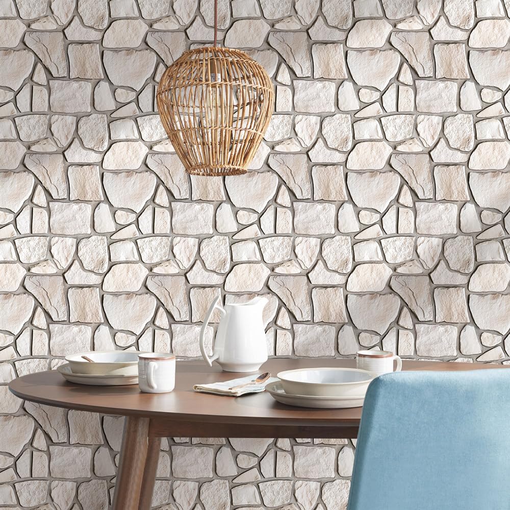 COMSTICKC 3D Faux Stone Wall Sticker Peel and Stick Wall Panels, 10 Pcs of 12"X12", Not Real Stone Ultra-Light Thin PVC Rock Adhesive Fake Stone Wall Covering Wallpaper Indoor Wall Decor, Beige
