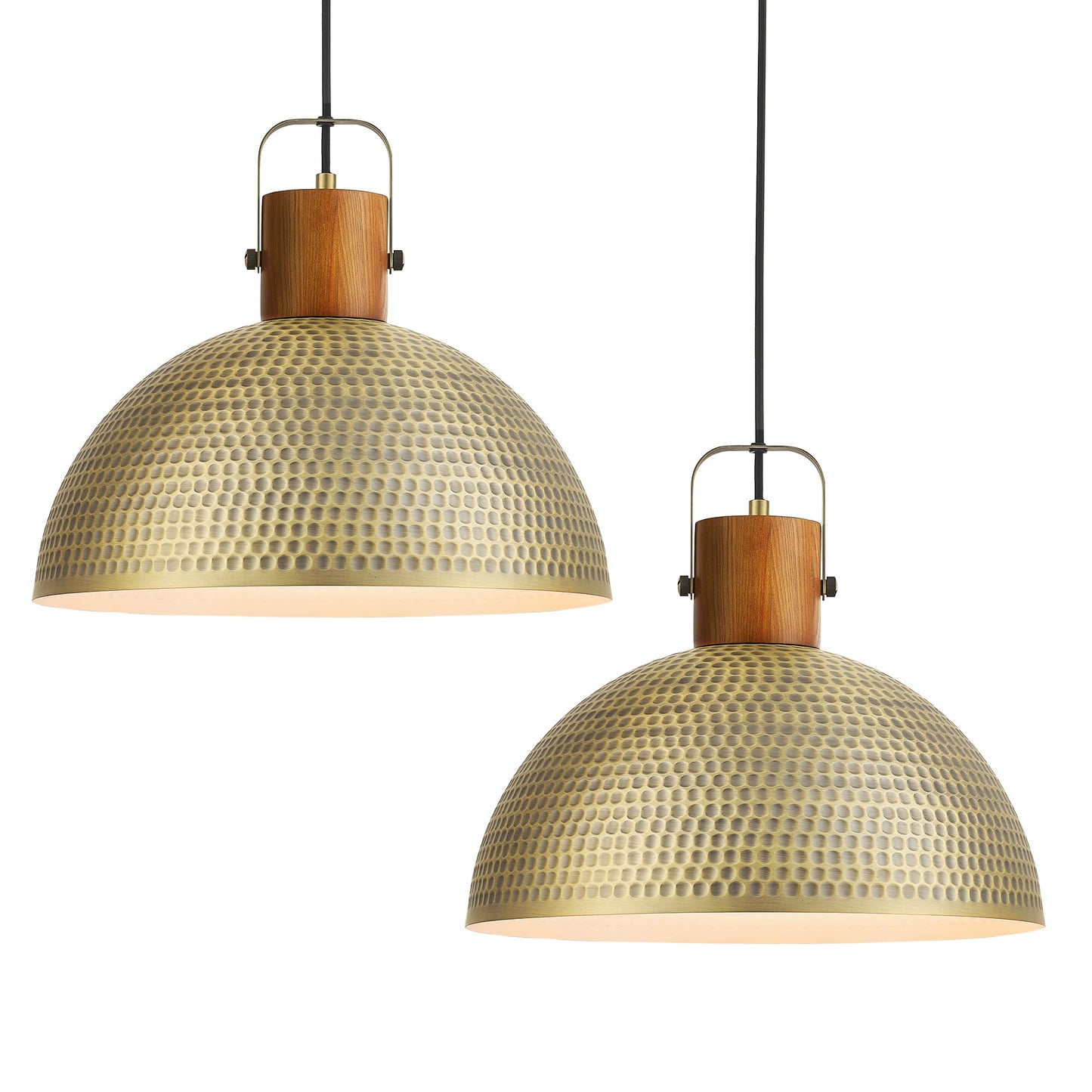 ELYONA 2 Pack Large Hammered Pendant Light Fixtures, 16 Inch Ash Wood Vintage Dome Hanging Lamp, Antique Gold Mid Century Pendant Lighting for Kitchen Island, Farmhouse, Dining Room, Brushed Brass