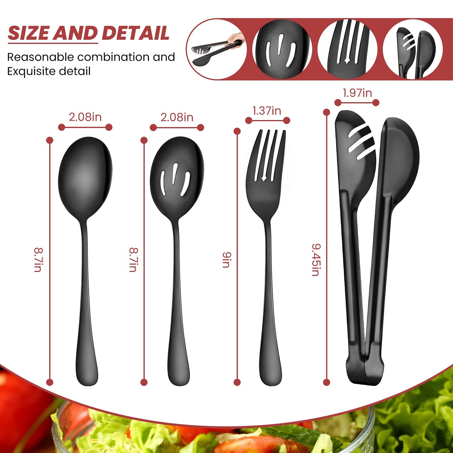 Patelai 8 Pcs Black Stainless Steel Serving Utensils Set 8.7" Large Spoons and Slotted Spoon 9.45" Tong 9" Forks Flatware Wedding Party Restaurant Cooking Kitchen Holiday Buffet Banquet Catering Hotel