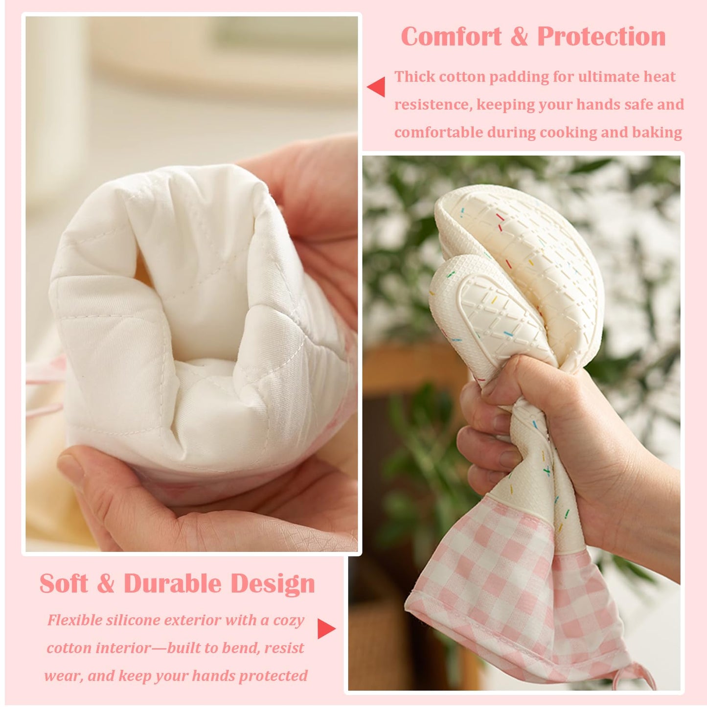 Wanheart Silicone Oven Mitts Heat Resistant, Non Slip Baking Mittens with Cotton Lining, Cute Confetti Pink Kitchen Decor for Cooking, 2-Pack