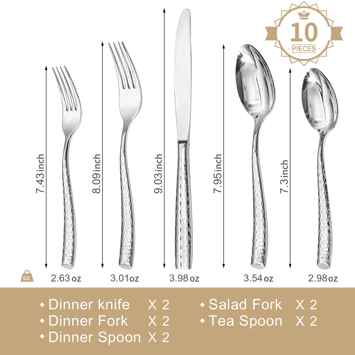 Kingstone Hammered Silverware Set, 10-Piece Flatware Set for 2, 18/10 Stainless Steel Heavy Duty Cutlery Set, Mirror Polished Utensil Sets for Home, Restaurant, Wedding, Dishwasher Safe