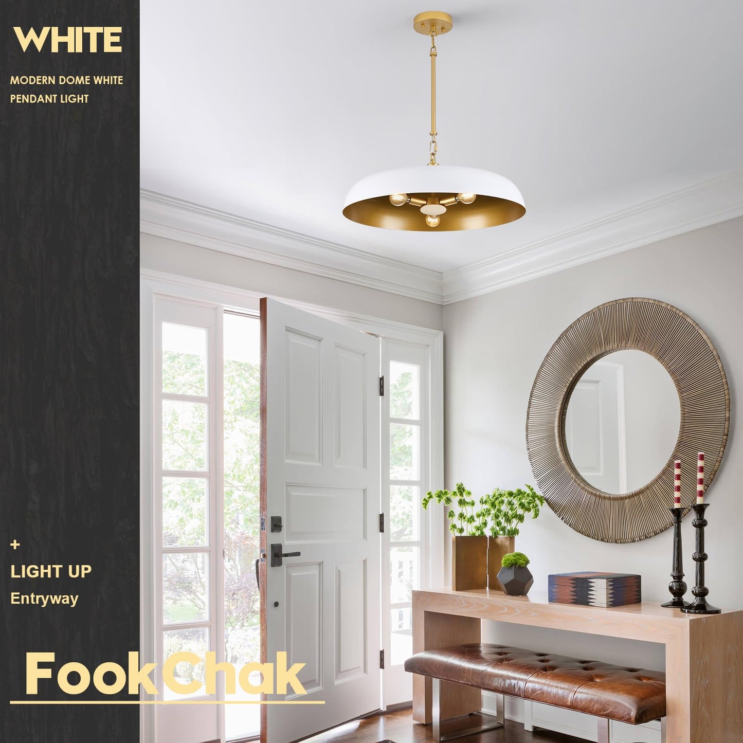 Large Pendant Light 20in White and Gold Dome Pendant Lights 3 Light Socket Pendant Light Fixture with Adjustable Pendant Lighting for Kitchen Island Dining Room Kitchen Sink, E12