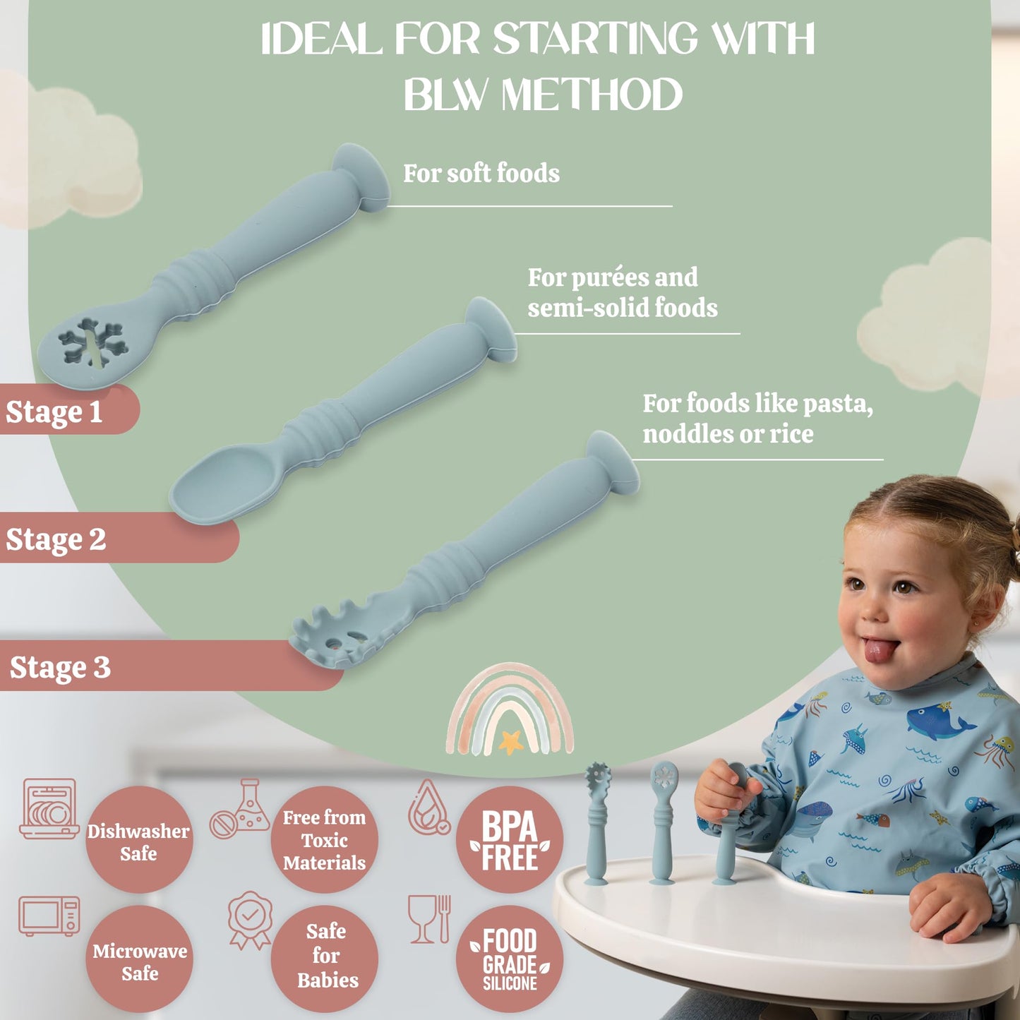 Bornealand® Baby Long Sleeve Bib - Baby Spoons 4 Months and Travel Case – Smock Bibs for Babies - Gender Reveal Gift - New Mom Gift Basket - Newborn Gift Set