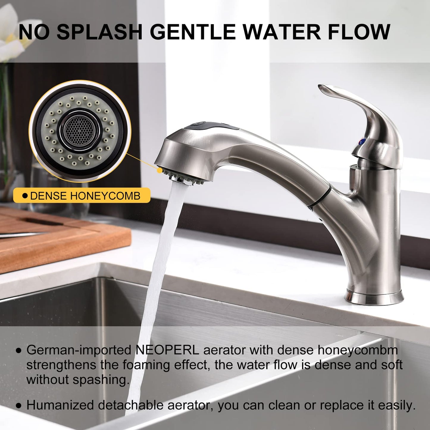 Kitchen Faucet with Sprayer, Brushed Nickel Kitchen Sink Faucet with Pull Out Sprayer, Single Handle 1 Hole Kitchen Faucets Solid Brass Commercial RV Kitchen Faucet 2 Modes & 150°Rotation & No Lead