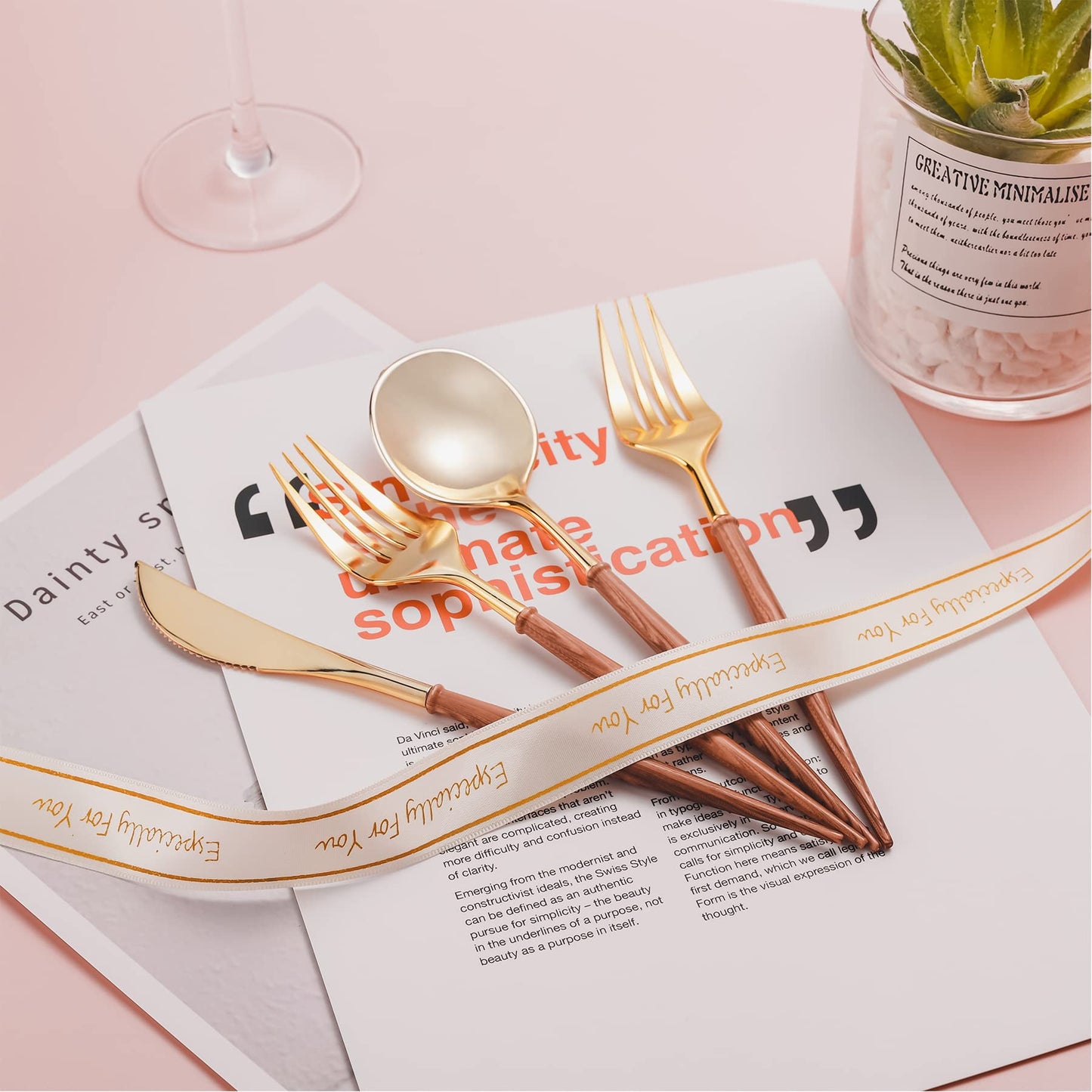 Lullaby 120PCS Gold Plastic Silverware, Gold Disposable Cutlery with Wood Grain Handle Include 40 Forks, 40 Spoons, 40 Knives, Elegant Disposable Silverware for Wedding, Party, Gathering, Daily Use