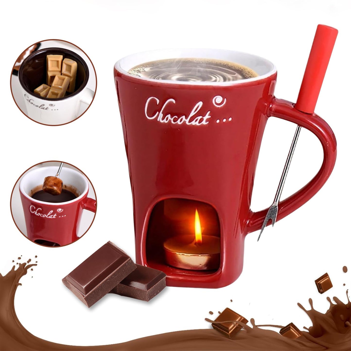 Sweet Fondue Cup for Date Night and More, Chocolate Melting Cup Set with Forks, Perfect as Fondue Mug or Chocolate Fondue Mug - Ideal Gifts for Birthday, Wedding, Mini Simmer Mug (Red)