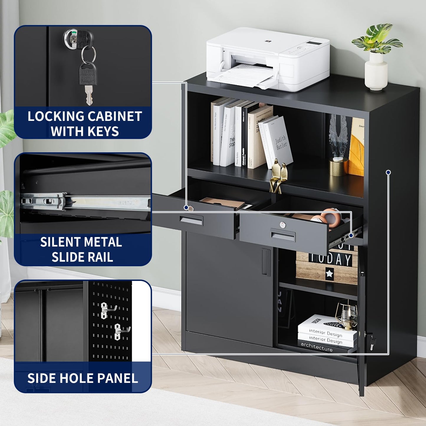 Yizosh Metal Storage Cabinet with 2 Drawers and Locking Doors,- 41.3" Steel Lockable Storage Cabinet with Shelves for Home Office,Garage,School (Black)