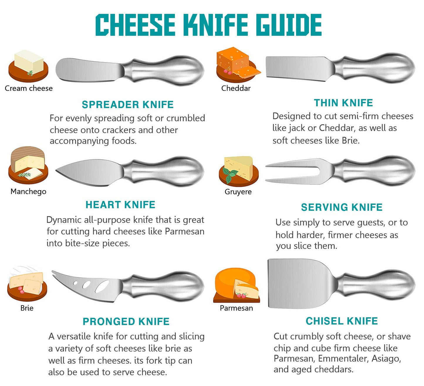 WoneNice Cheese Knife Set, 6-Piece Stainless Steel Knives for Charcuterie, Gift for Mother's Day Wedding Housewarming Christmas