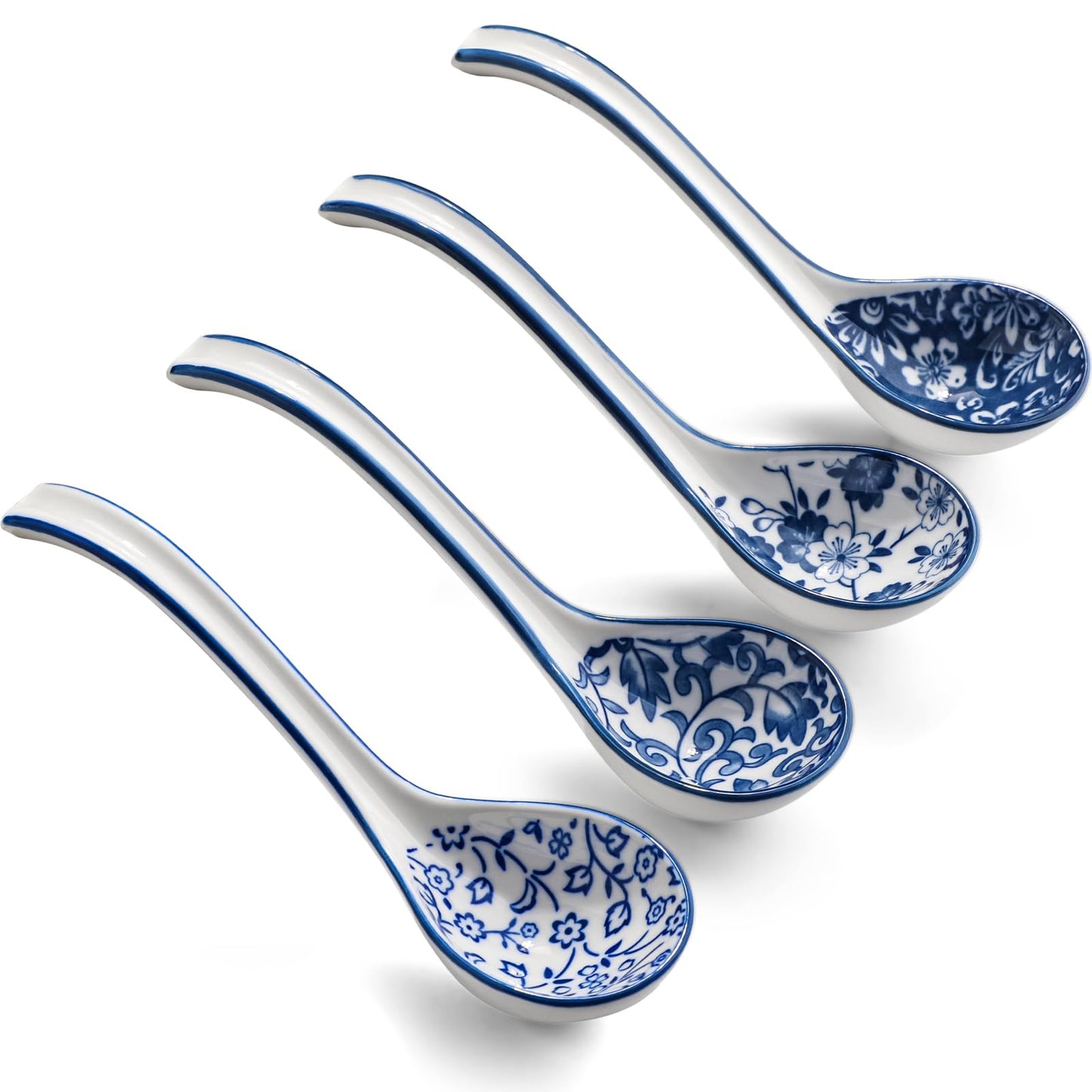 Ceramic Soup Spoons, Asian Soup Spoon Chinese Set of 4 Japanese Ramen Long Handle Soup Spoons for Udon,Pho,Ramen,Miso,Cream Soup,Pasta,Eel Rice,Broth Soup,Dumplings