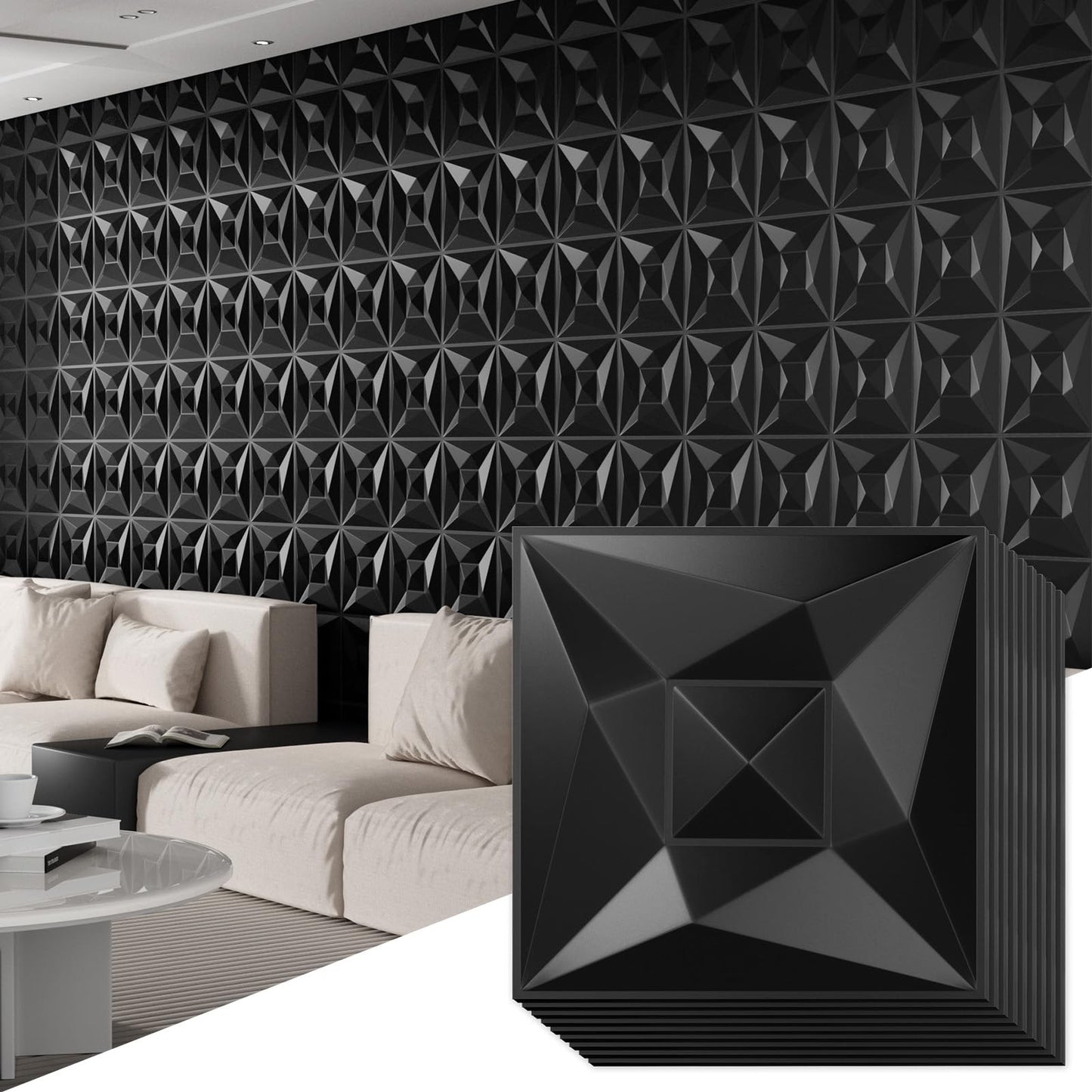 Umedol 40 PCS 3D Wall Panels for Interior Wall Décor Black 11.8"*11.8" Covering Panels, PVC Textured 3D Wall Tile for Living Room, Bedroom DIY Interior Décor