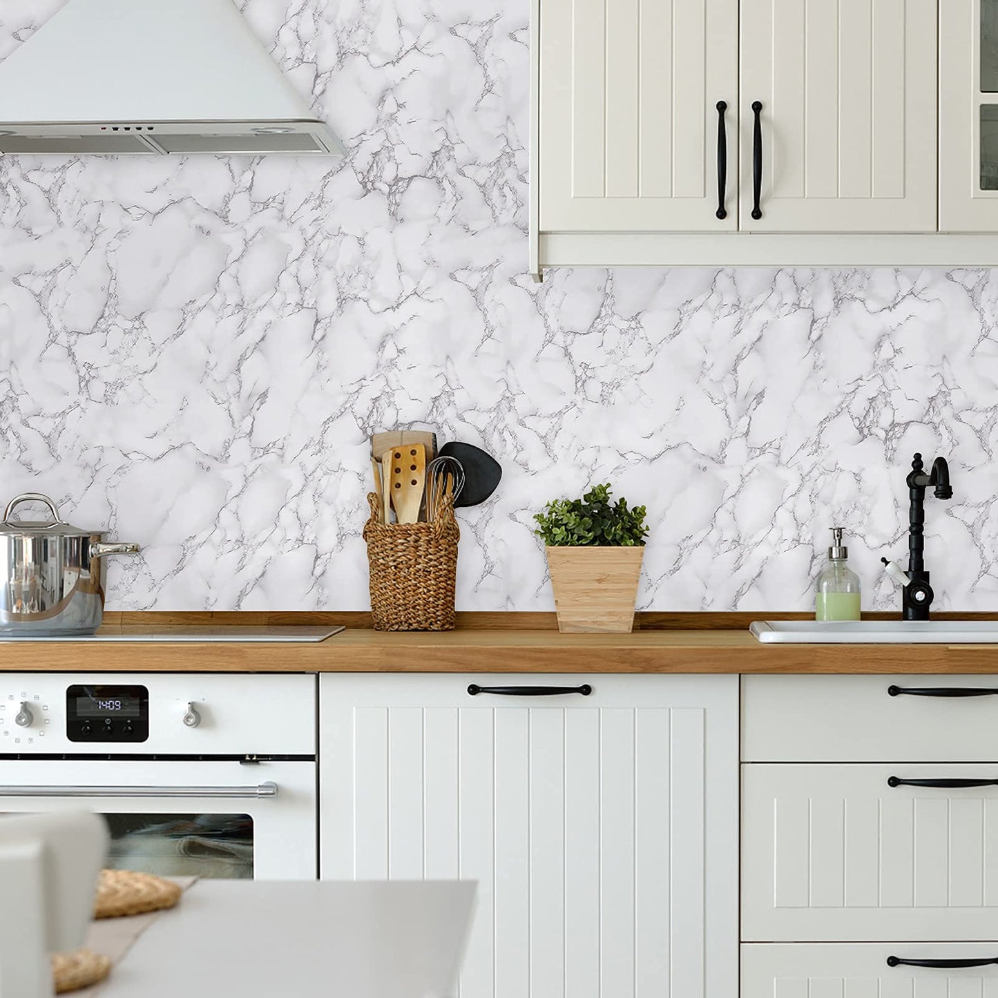 Caltero Marble Contact Paper 15.7" x 118" White Grey Wallpaper Peel and Stick Glossy Marble Self Adhesive Contact Paper for Countertop Kitchen Cabinets Bathroom