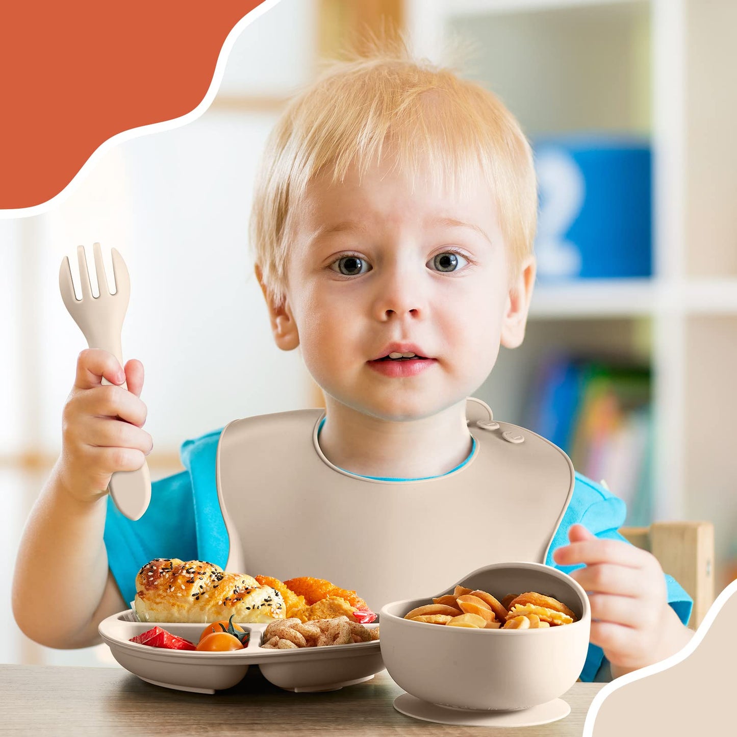 10 Pack Silicone Baby Feeding Set, Toddlers Led Weaning Feeding Supplies with Suction Baby Bowl Divided Plate Adjustable Bib Soft Silicone Spoon Fork, Infant Self Eating Utensil Set (Beige, Orange)