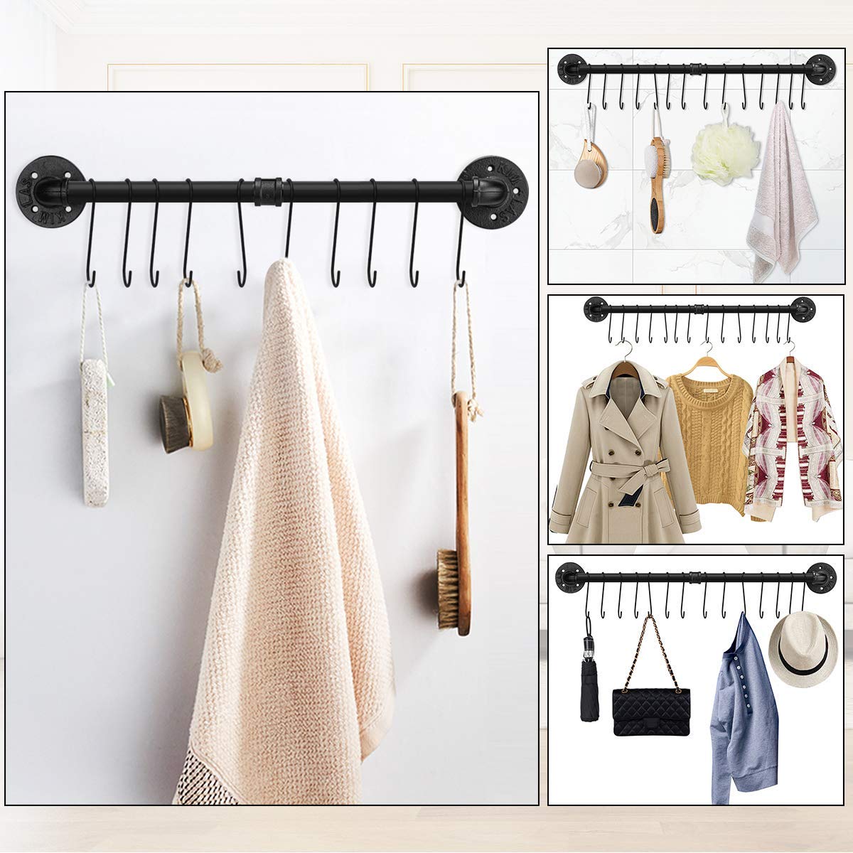 Toplife 31.5 inch Pot Rack, Kitchen Wall Mounted Detachable Pan Lid Utensils Organizer Hanging Rail with 14 Hooks, Black