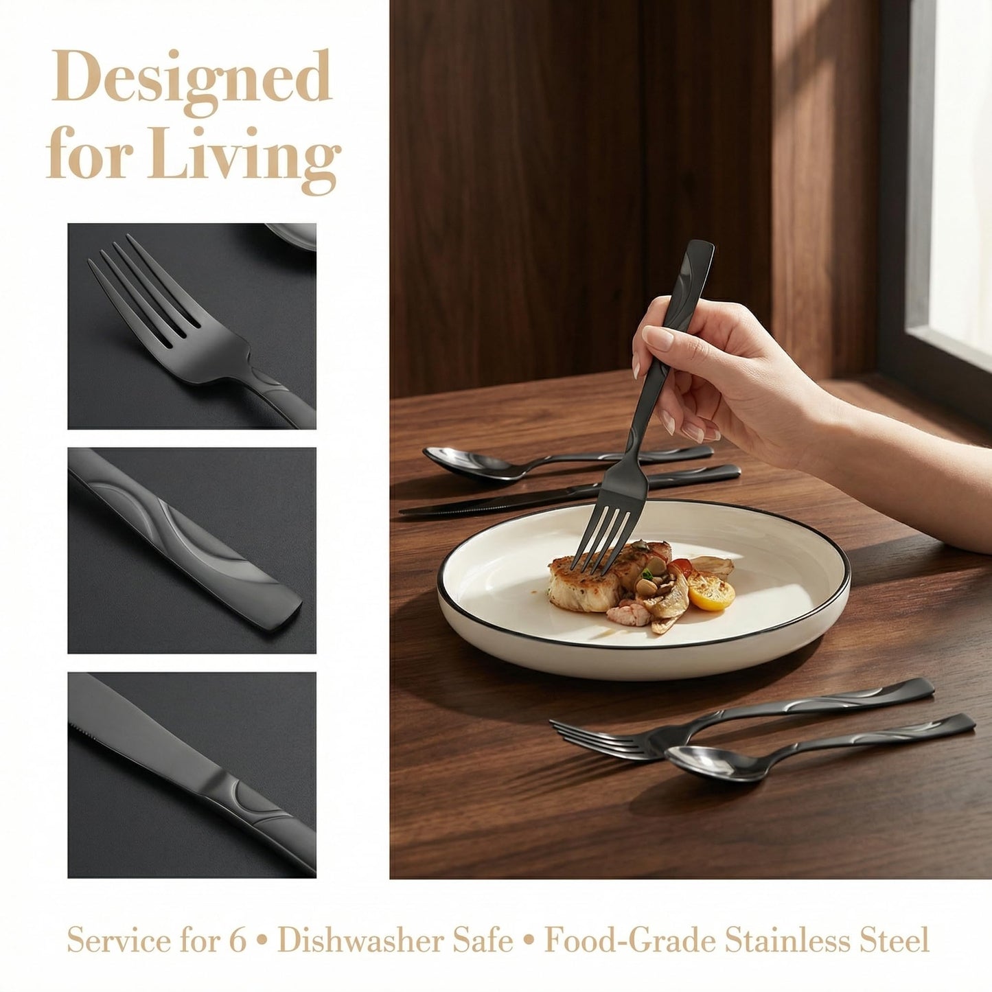 FONGDANLAITE Black Silverware Set, 30 Pieces Stainless Steel Flatware Utensils, Cutlery Set Service for 6 Including Fork Spoon and Knife, Dishwasher Safe
