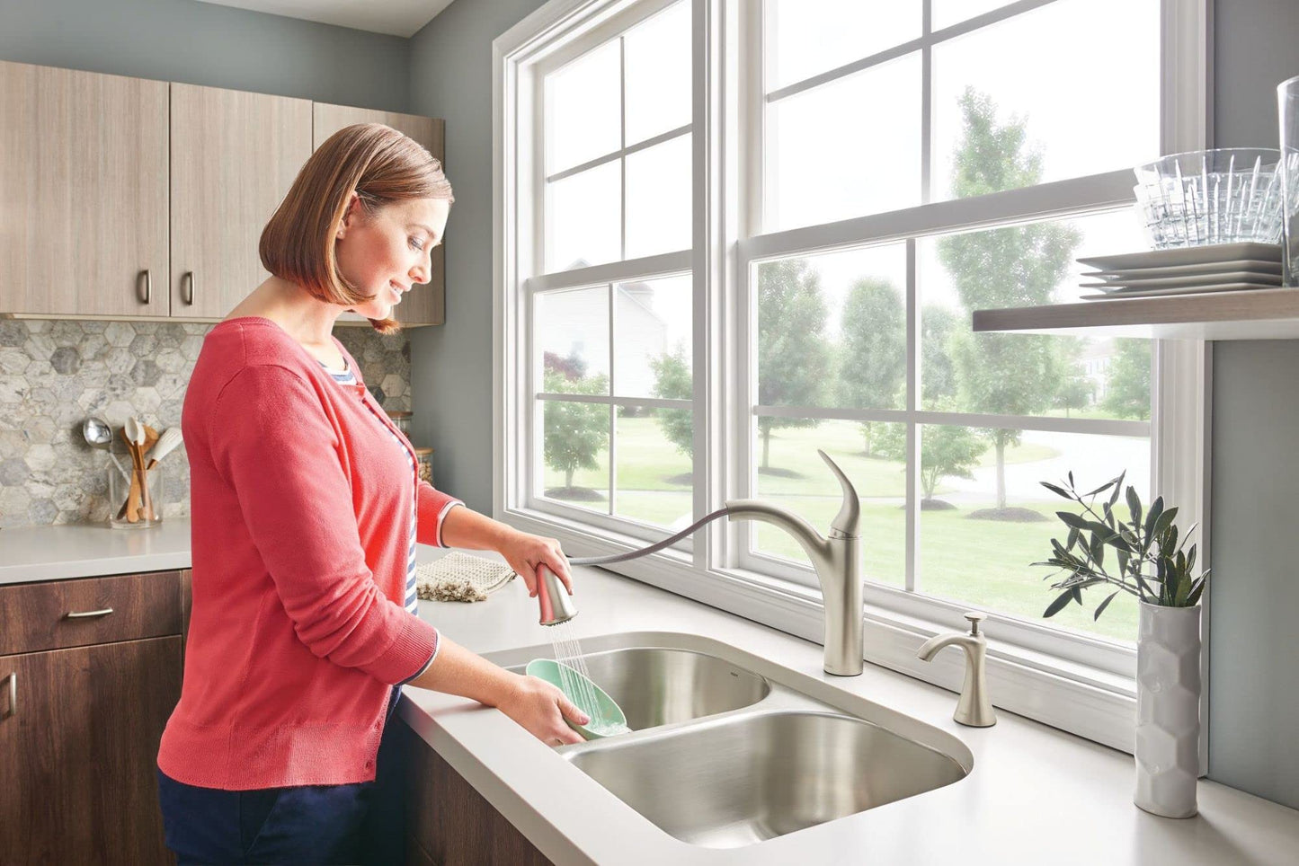 Moen Spot Resist Stainless Transitional Deck Mounted Kitchen Soap Dispenser with Above the Sink Refillable Bottle, S3946SRS