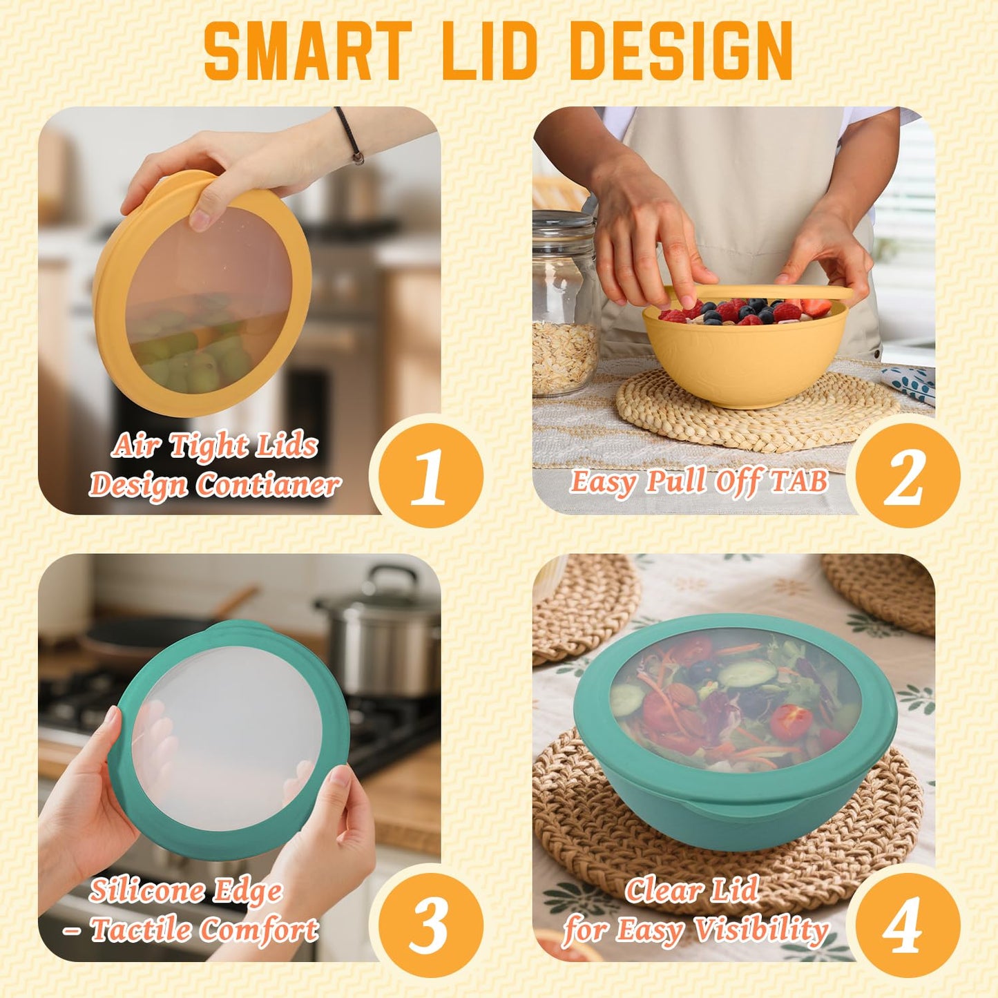 Homienly Wheat Straw Bowls with Lids Salad Bowl 40 OZ Unbreakable Cereal Bowls for Kitchen, RV, Lunch Microwave Safe Camping Bowls Dishwasher Safe Soup Bowls Reusable Food Storage Bowls Multi, 4 Sets