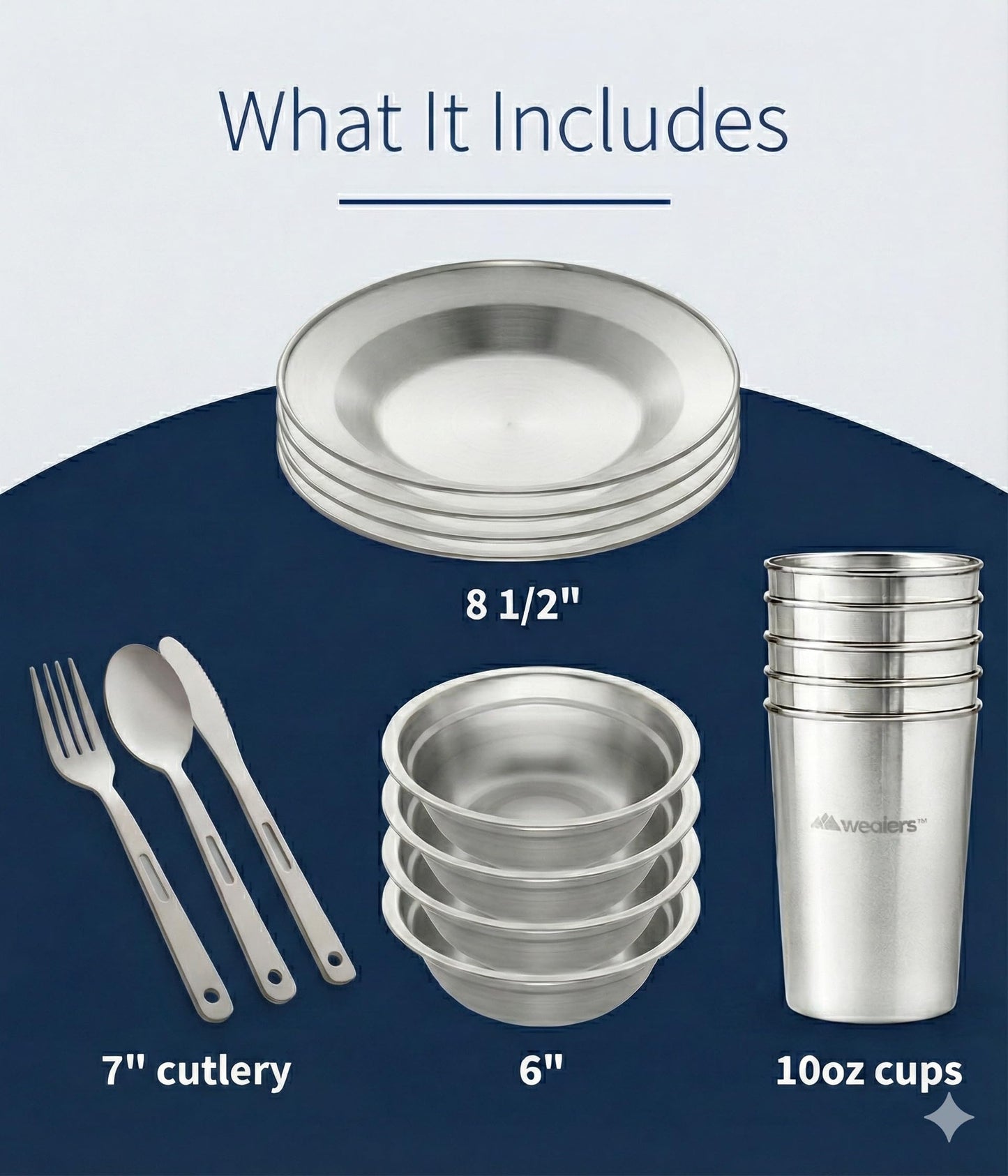 Wealers Unique Complete Messware Kit Polished Stainless Steel Dishes Set| Tableware| Dinnerware| Camping| Buffet| Includes - Cups | Plates| Bowls| Cutlery| Comes in Mesh Bags (4 Person Set) (Black)